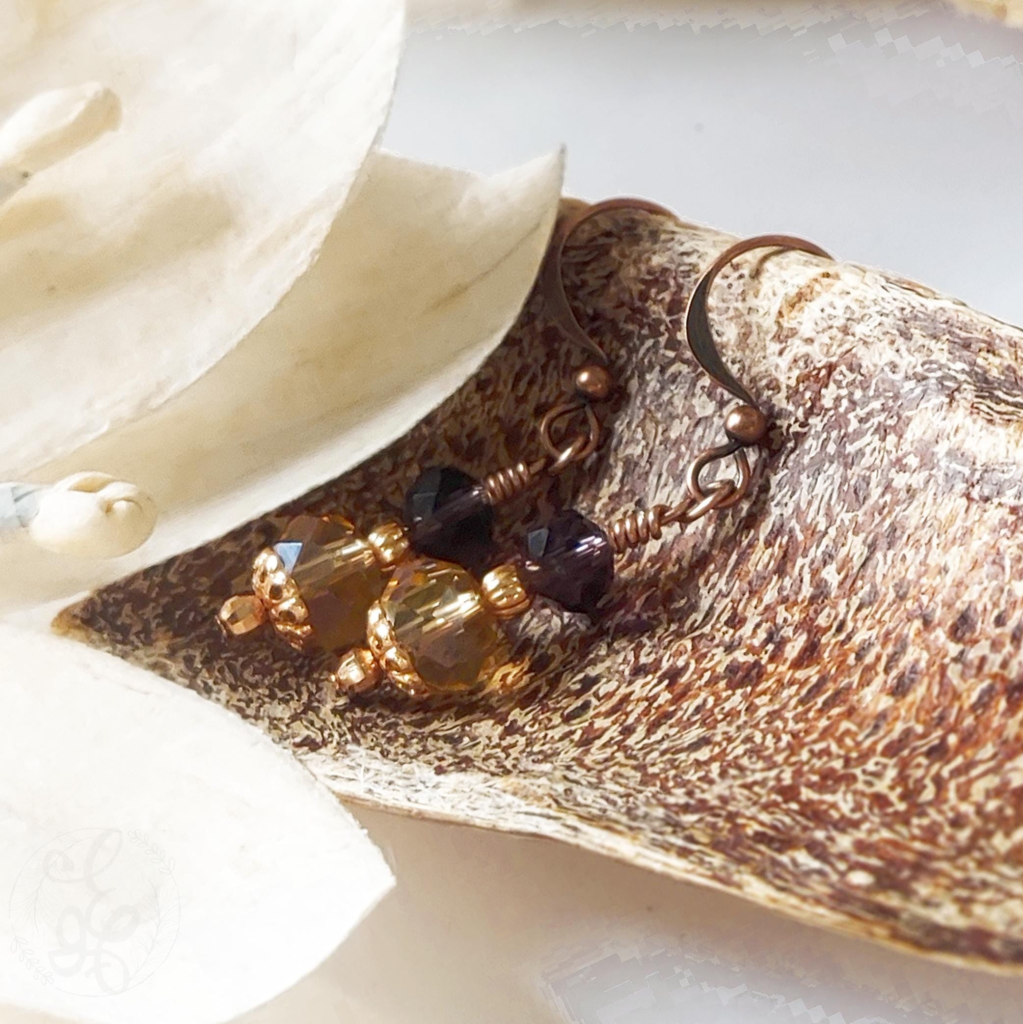 Amber and Eggplant Earrings - Copper Crystal Short Dangles