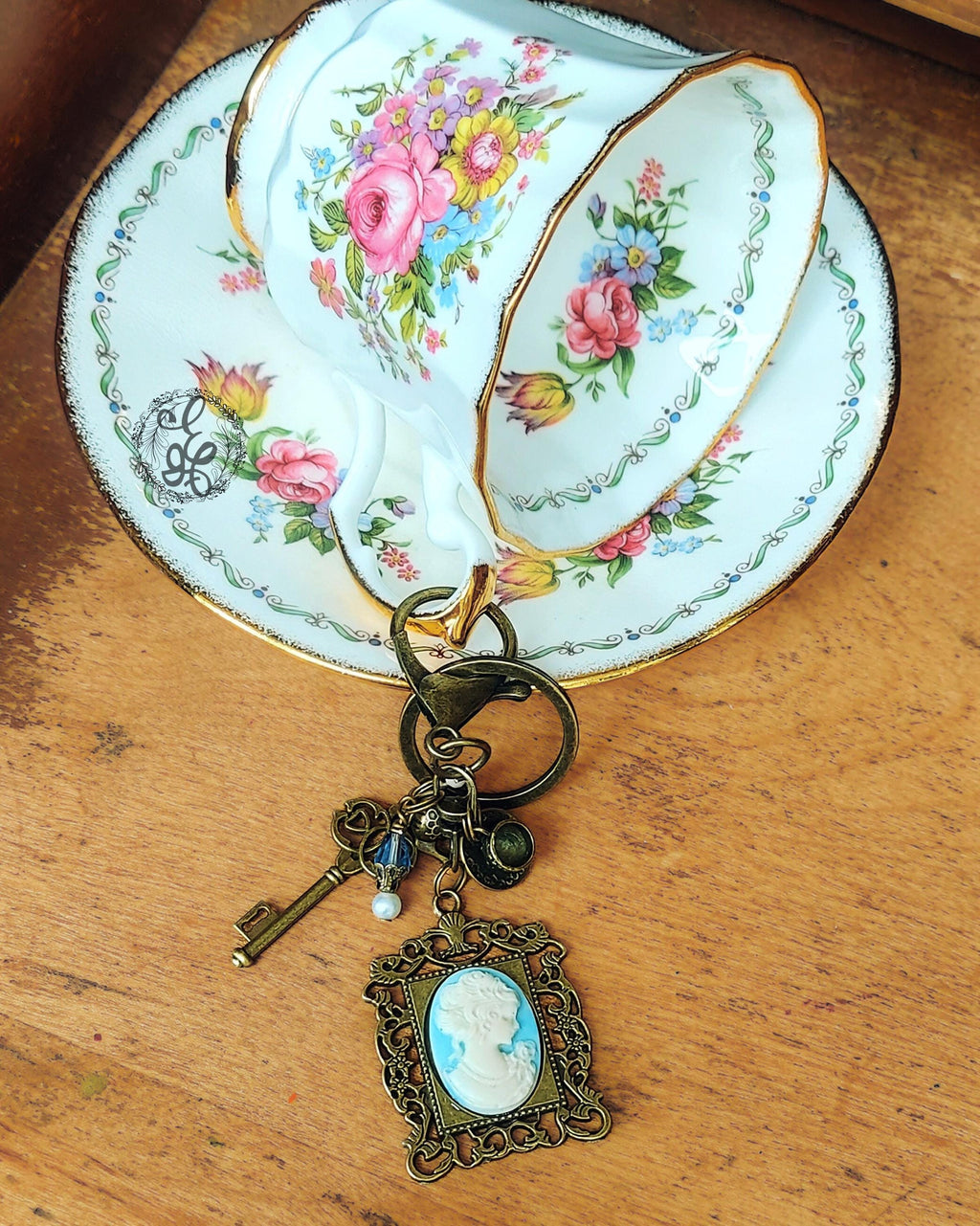 Victorian Tea Purse Charm & Keychain – Blue Handcrafted Cameo, Teapot and Crystal Charms – Antique Brass