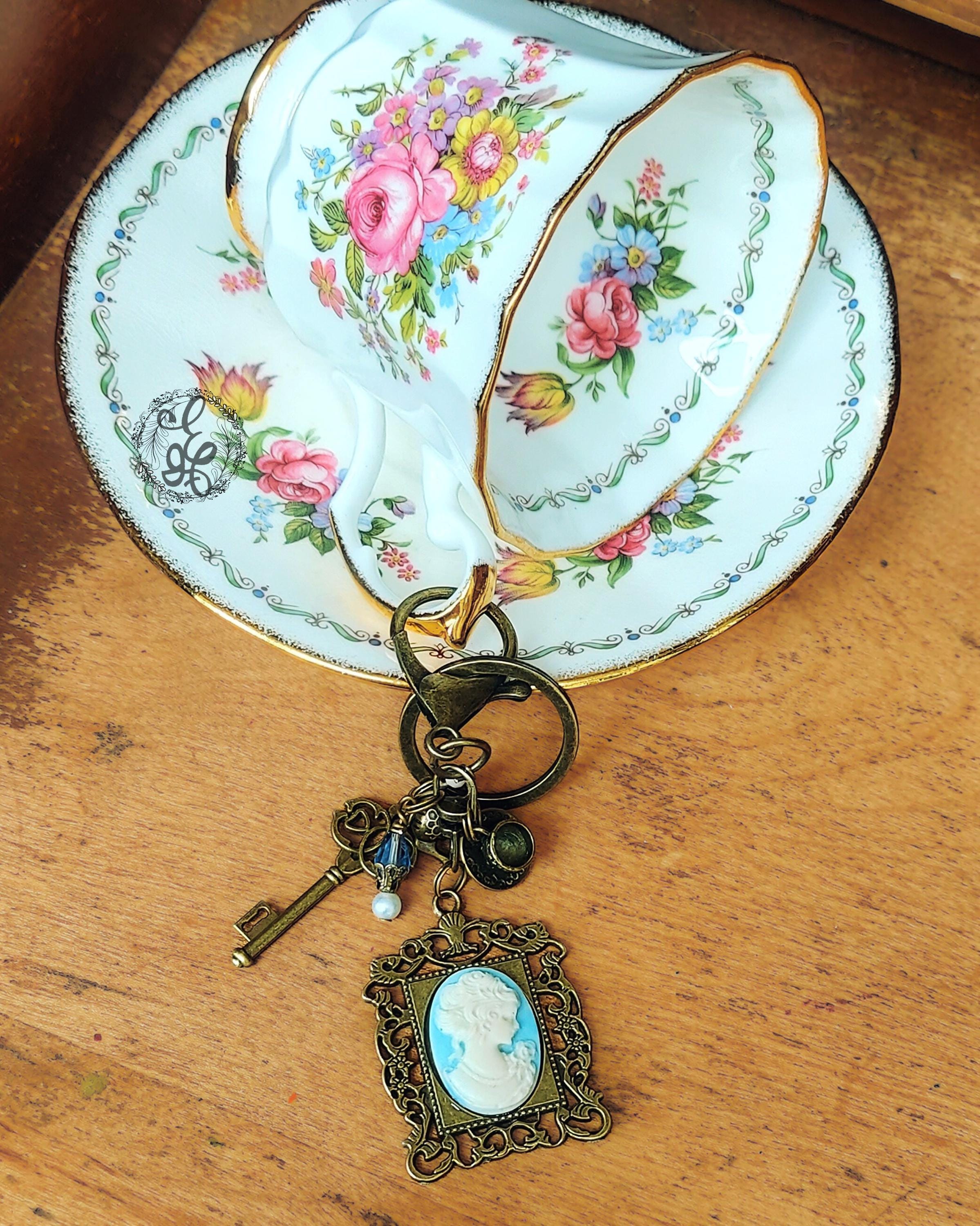 Victorian Tea Purse Charm & Keychain – Blue Handcrafted Cameo, Teapot and Crystal Charms – Antique Brass