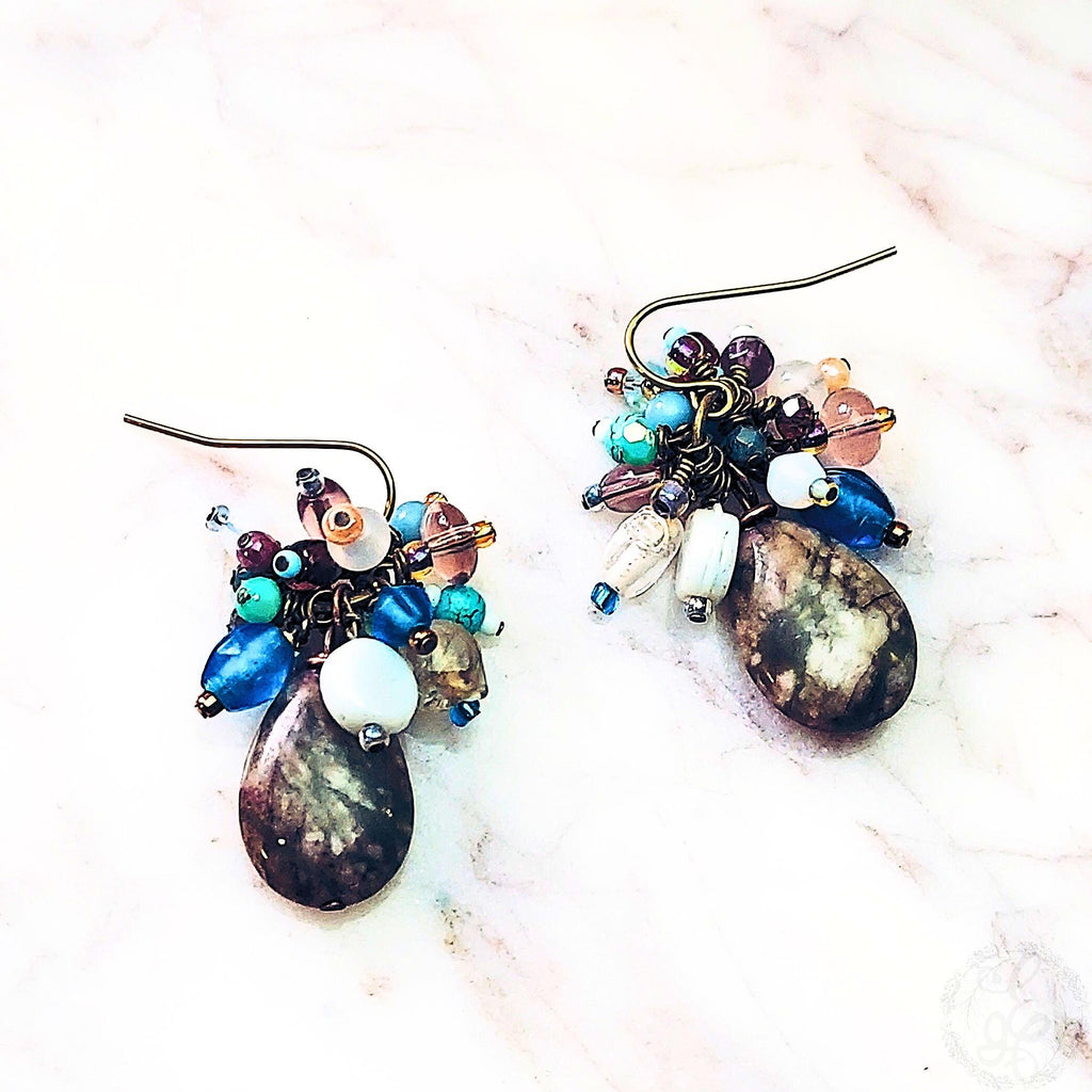 Genuine Jasper Gemstone Earrings – Earthy Boho Cluster Earrings – Antique Gold Jewelry