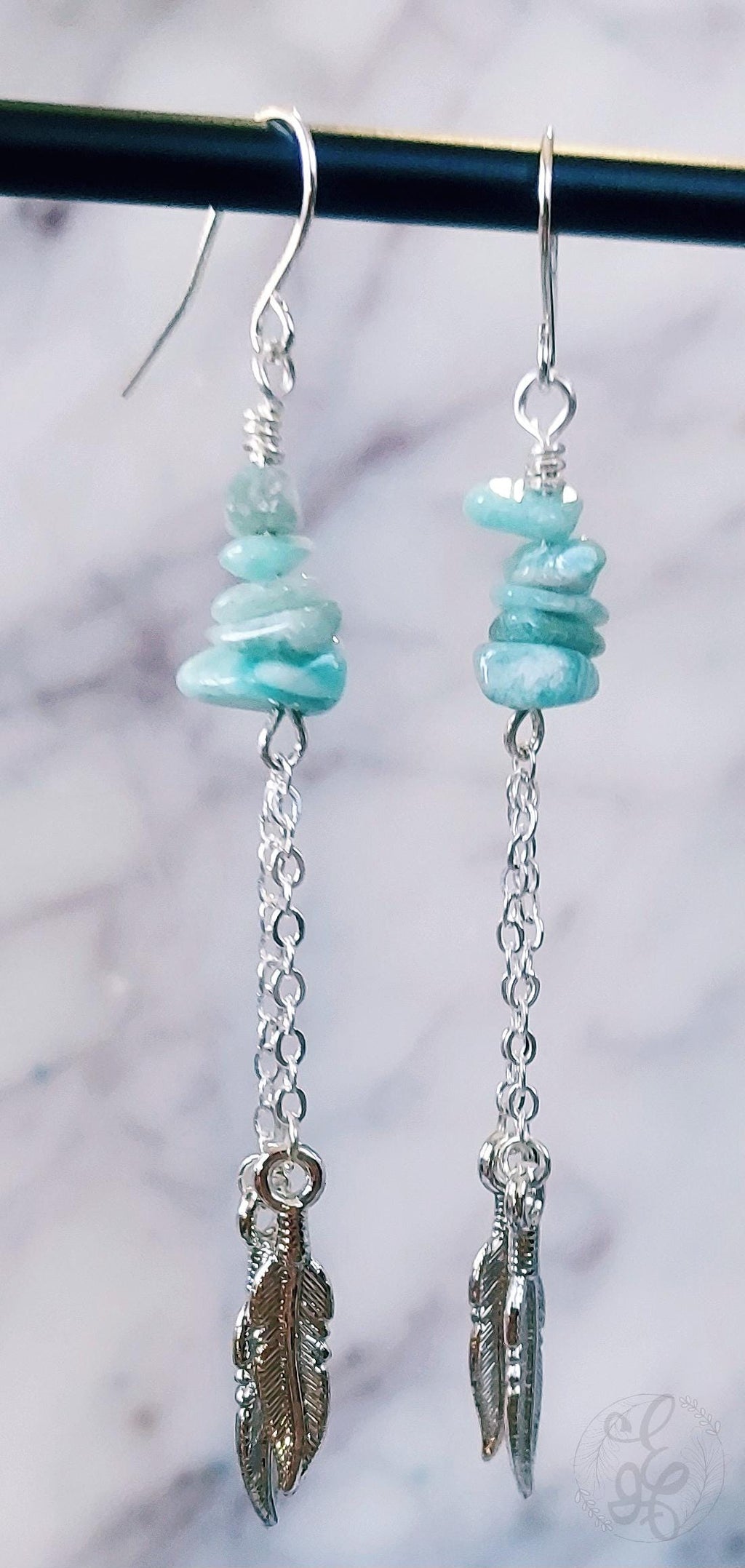 Amazonite Earrings: Long Silver Feather, Boho Chic Amazonite Dangle Earrings - Handmade Gemstone Jewelry