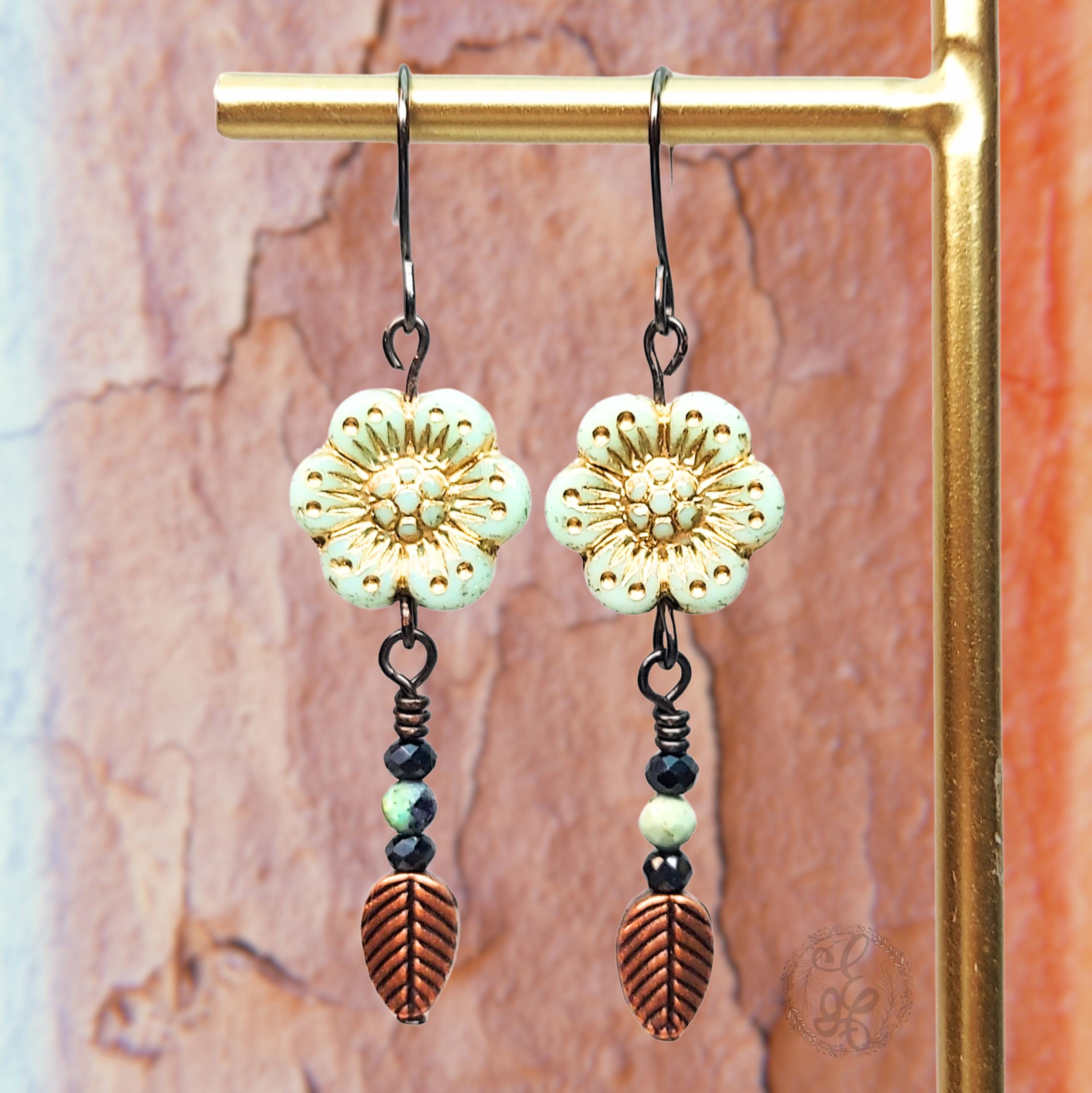 Wild Rose Gunmetal Earrings in Turquoise with Amazonite and Black Crystals: Boho Dangle Earrings for Women and Teens