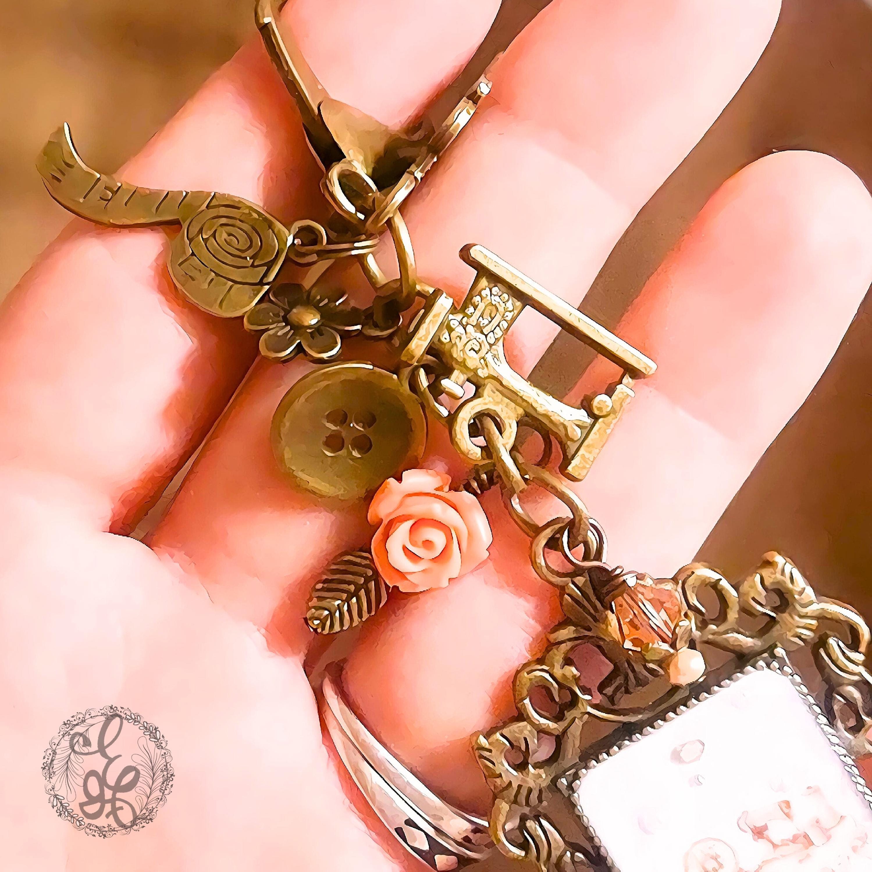 Kitchen Table Sewing Purse Charm – Vintage Resin Frame Keychain with Antique Brass Sewing Charms – Eidel's Ideas Original – Ready to Ship