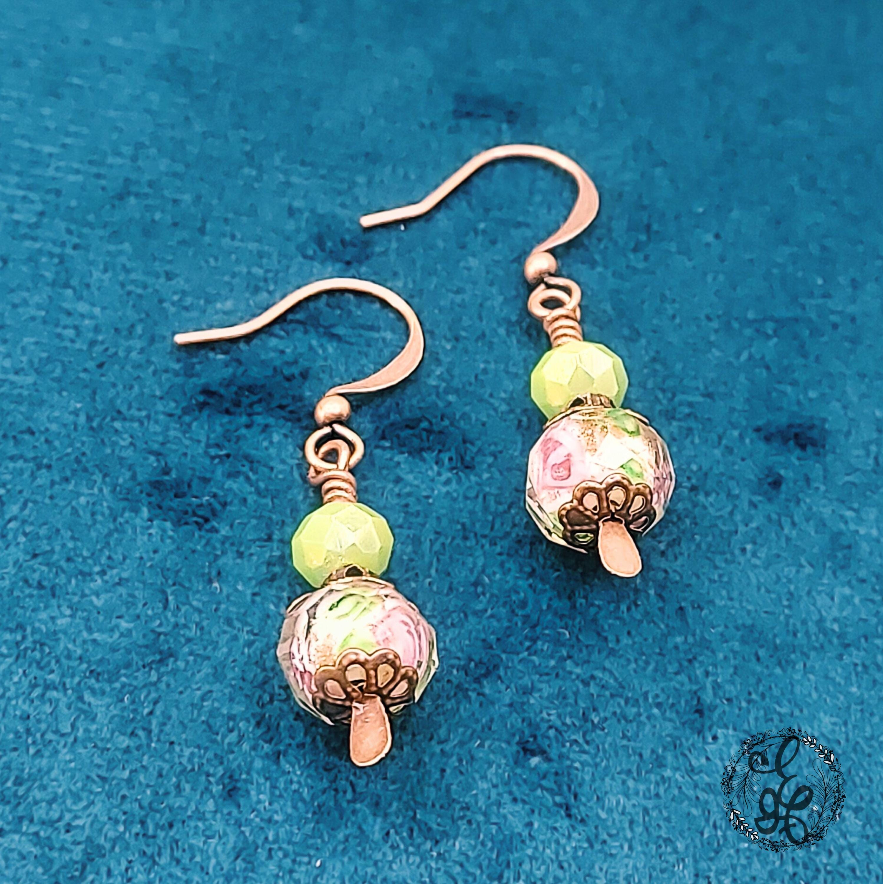 Tea Party Dangle Earrings | Vintage-Inspired Floral Lampwork Beads | Antique Copper Earrings | Whimsical Gift for Her