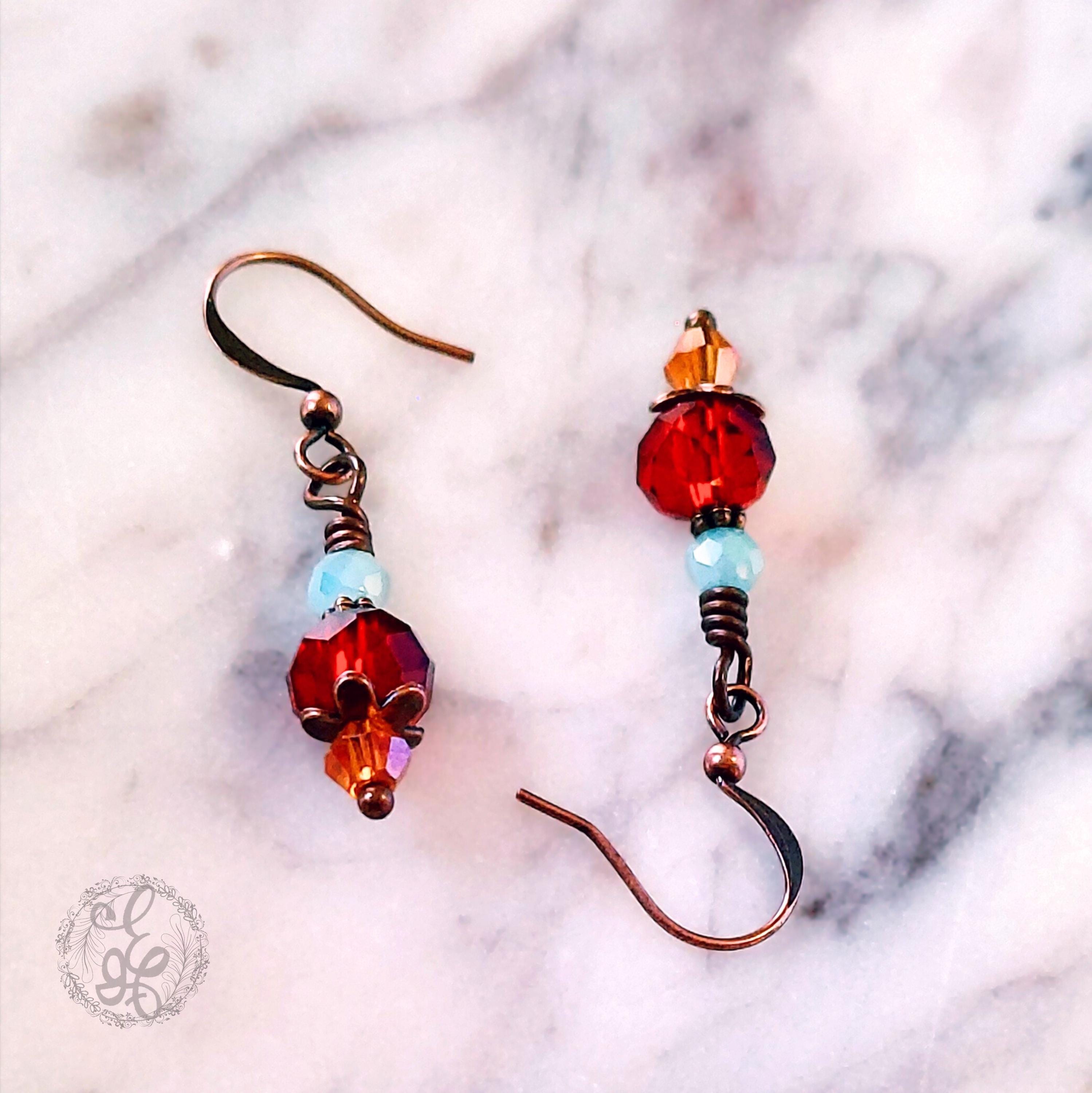 Mediterranean Summer Earrings – Vintage-Inspired Crystal & Copper Dangle Earrings – Artisan Pale Blue and Garnet Red Jewelry Gift