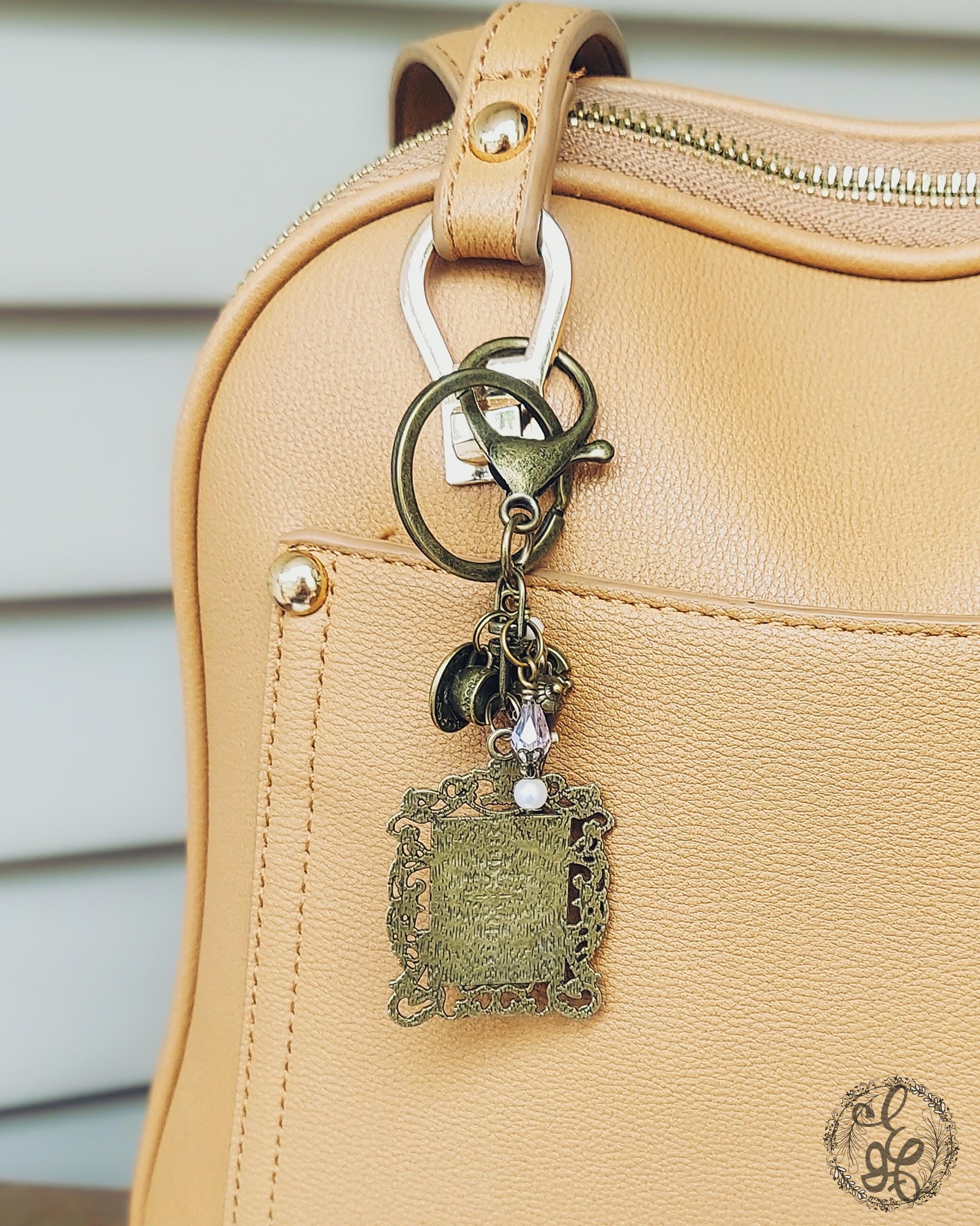 Victorian Tea Purse Charm & Keychain – Handcrafted Cameo, Teapot and Crystal Charms – Antique Brass