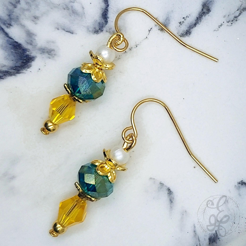 Daffodil Yellow and Teal Earrings with Gold Finish, Spring Earrings, Gift for her, Vintage Style Jewelry