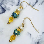 Daffodil Yellow and Teal Earrings with Gold Finish, Spring Earrings, Gift for her, Vintage Style Jewelry