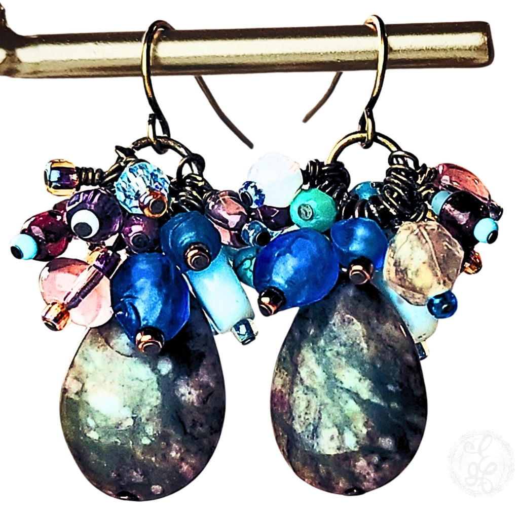 Genuine Jasper Gemstone Earrings – Earthy Boho Cluster Earrings – Antique Gold Jewelry