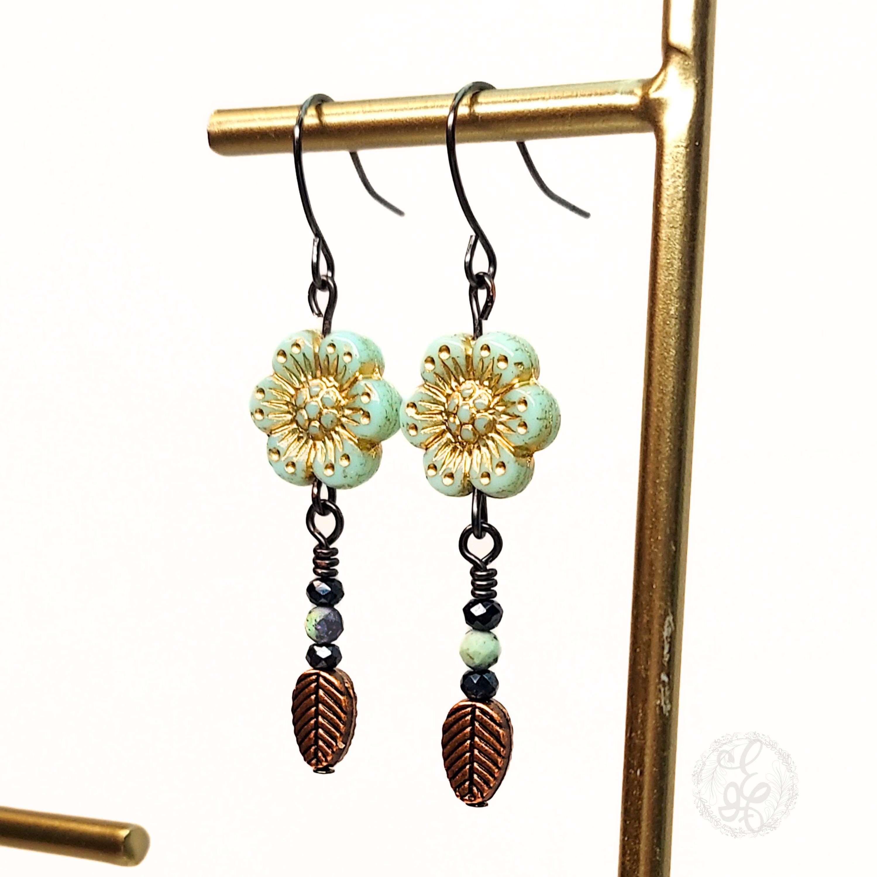 Wild Rose Gunmetal Earrings in Turquoise with Amazonite and Black Crystals: Boho Dangle Earrings for Women and Teens
