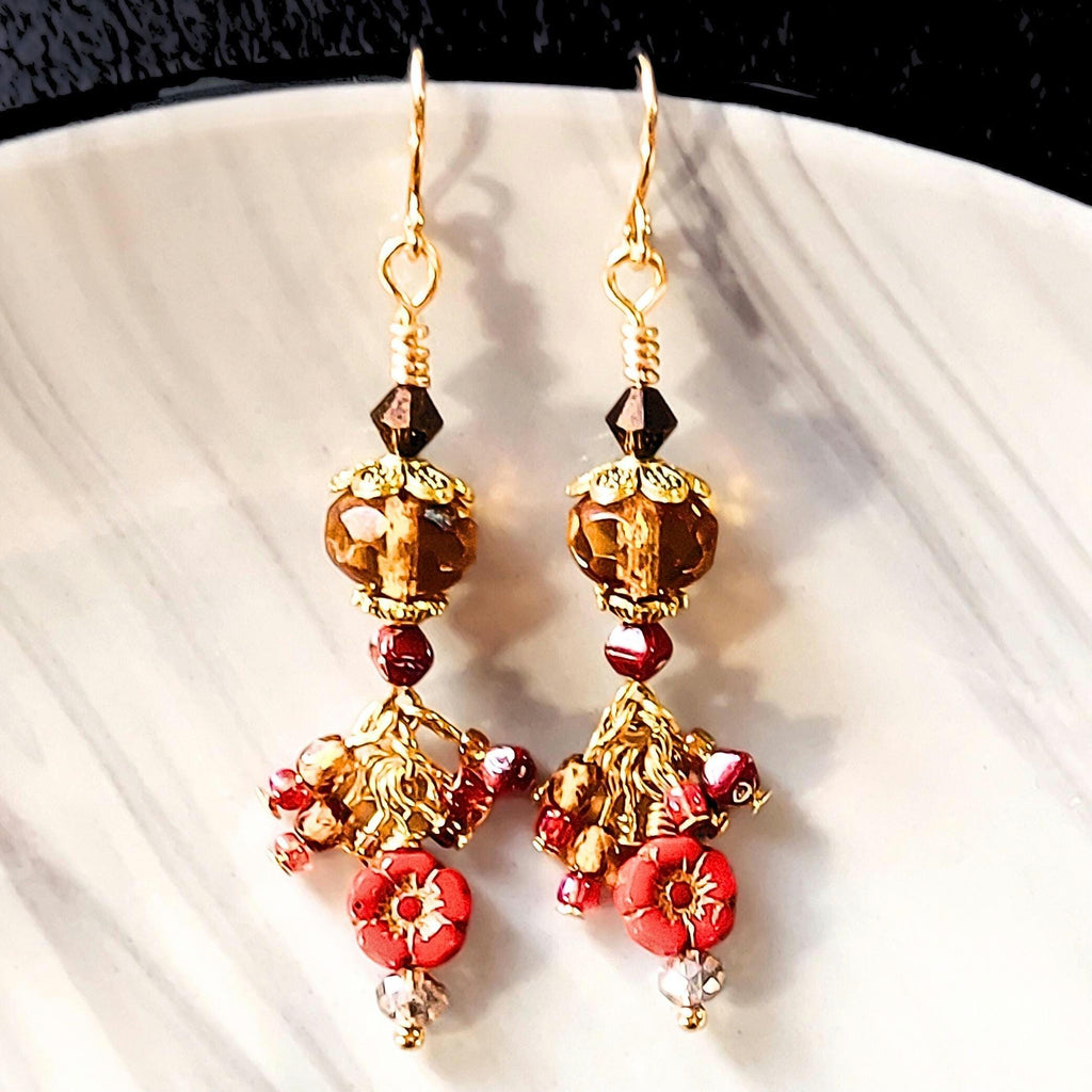 Czech Glass Dangle Earrings – Vintage-Inspired Amber and Red Floral Earrings, Crystal Beaded Jewelry