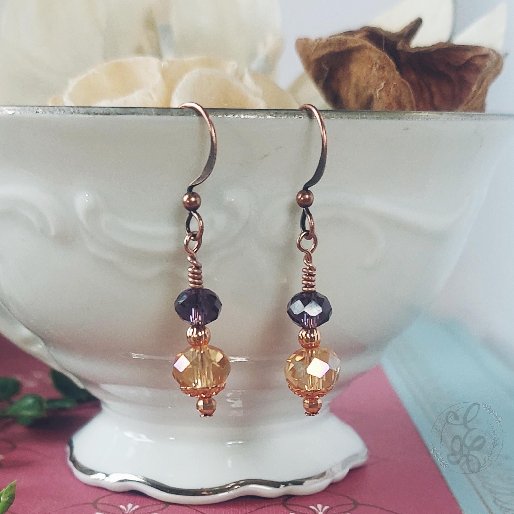 Amber and Eggplant Earrings - Copper Crystal Short Dangles