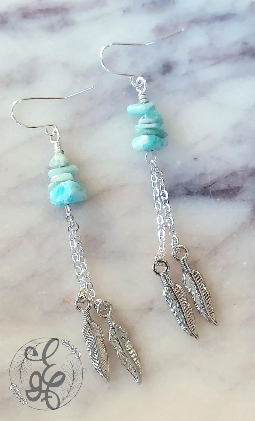 Amazonite Earrings: Long Silver Feather, Boho Chic Amazonite Dangle Earrings - Handmade Gemstone Jewelry