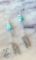 Amazonite Earrings: Long Silver Feather, Boho Chic Amazonite Dangle Earrings - Handmade Gemstone Jewelry
