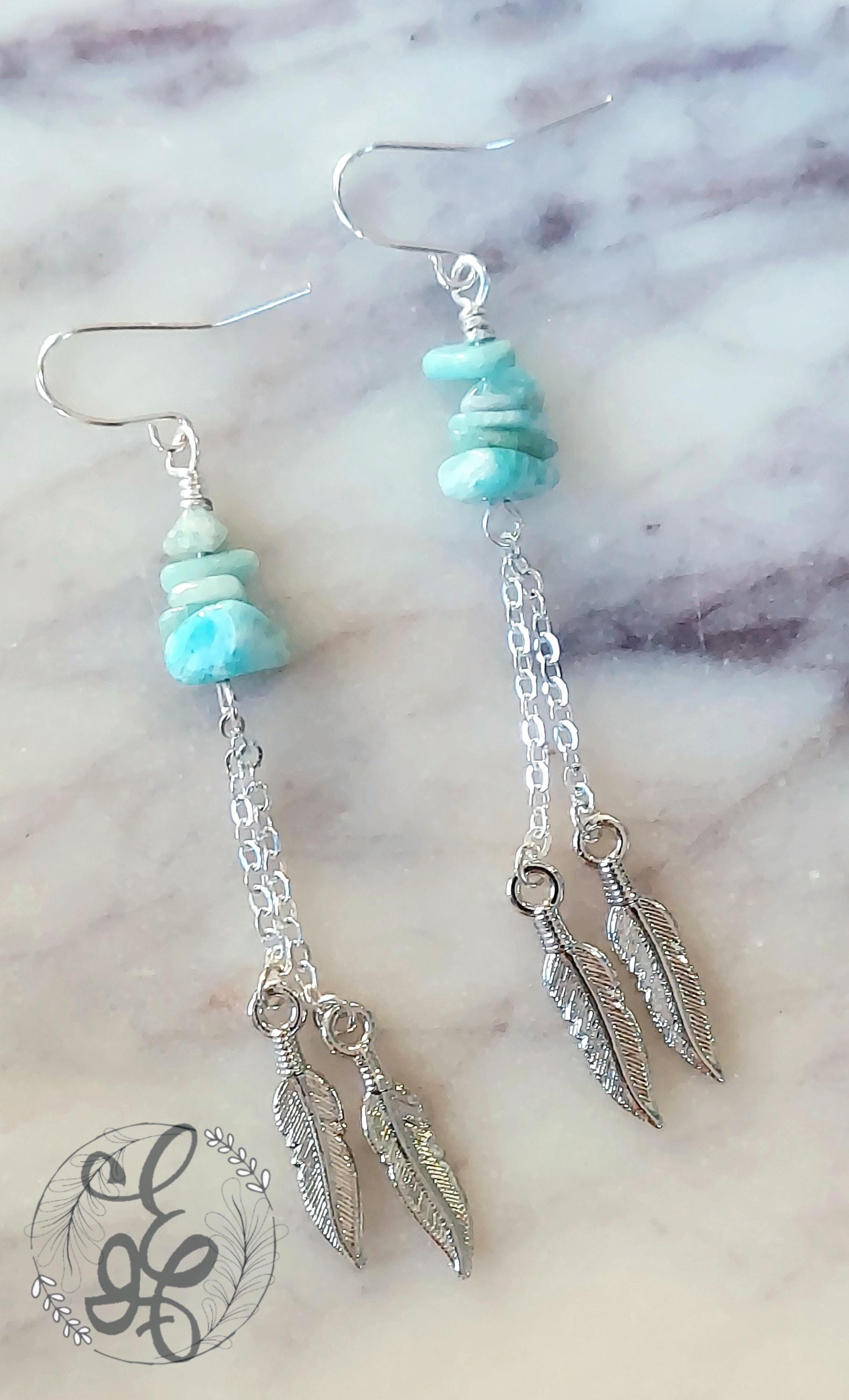 Amazonite Earrings: Long Silver Feather, Boho Chic Amazonite Dangle Earrings - Handmade Gemstone Jewelry
