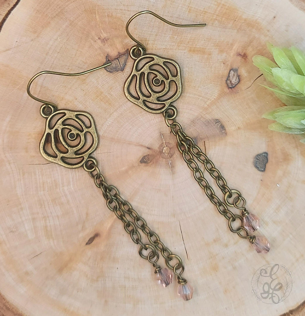 Rose Earrings: Chain and Crystal Drop Dangles with Antique Gold Finish for Women