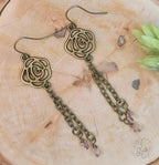 Rose Earrings: Chain and Crystal Drop Dangles with Antique Gold Finish for Women