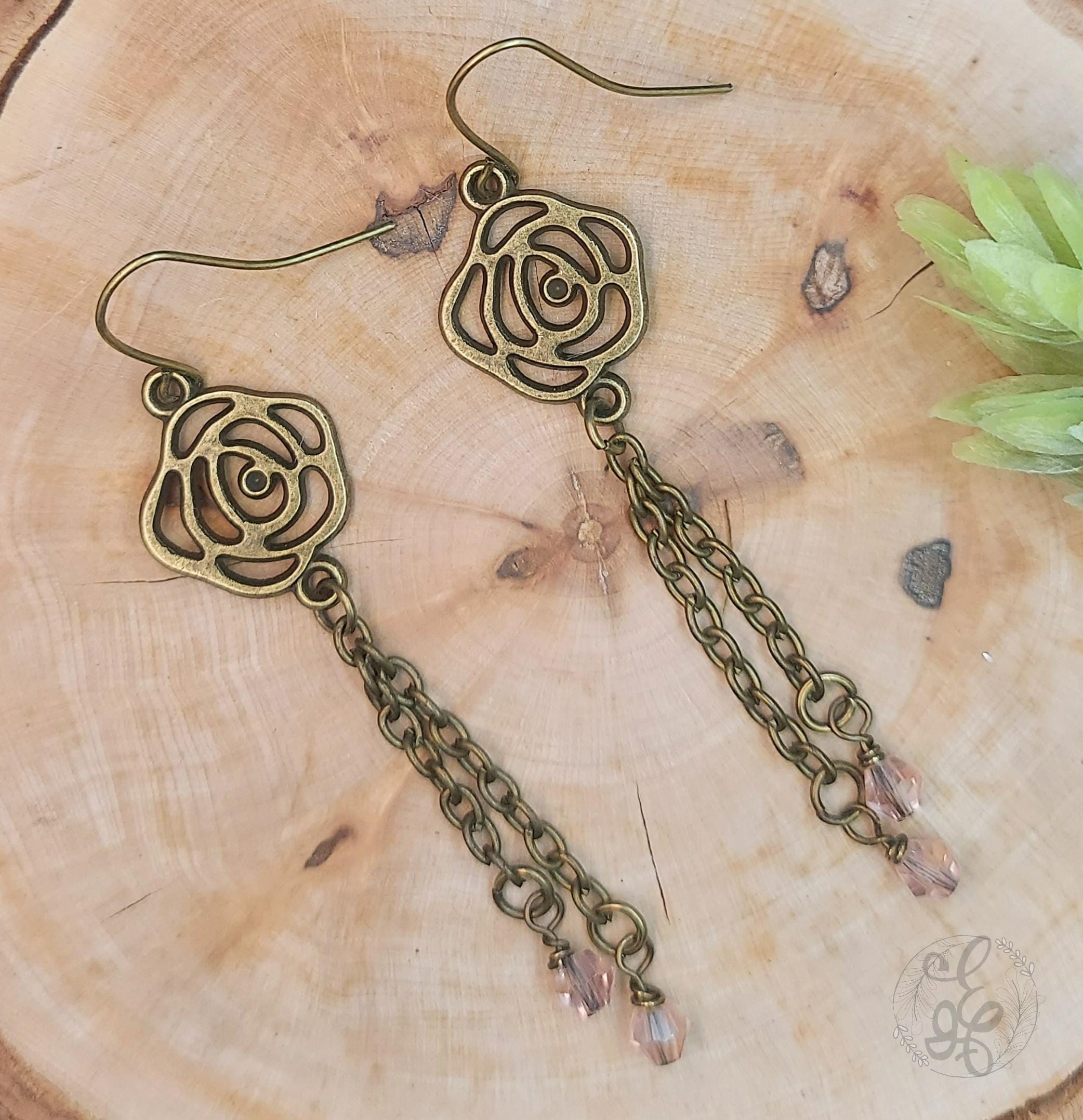 Rose Earrings: Chain and Crystal Drop Dangles with Antique Gold Finish for Women