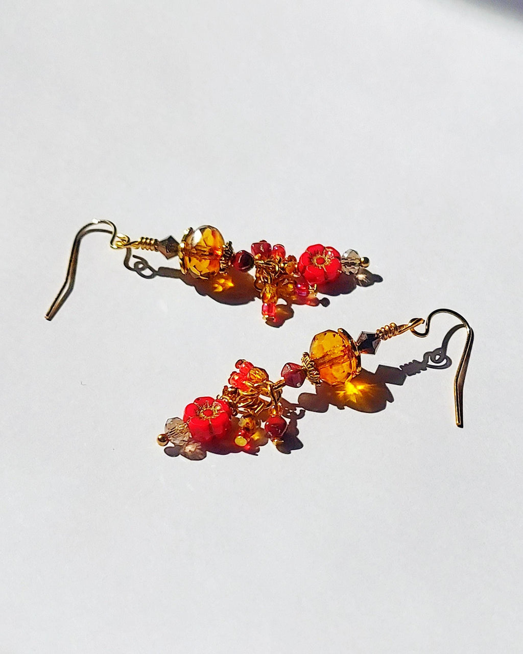 Czech Glass Dangle Earrings – Vintage-Inspired Amber and Red Floral Earrings, Crystal Beaded Jewelry
