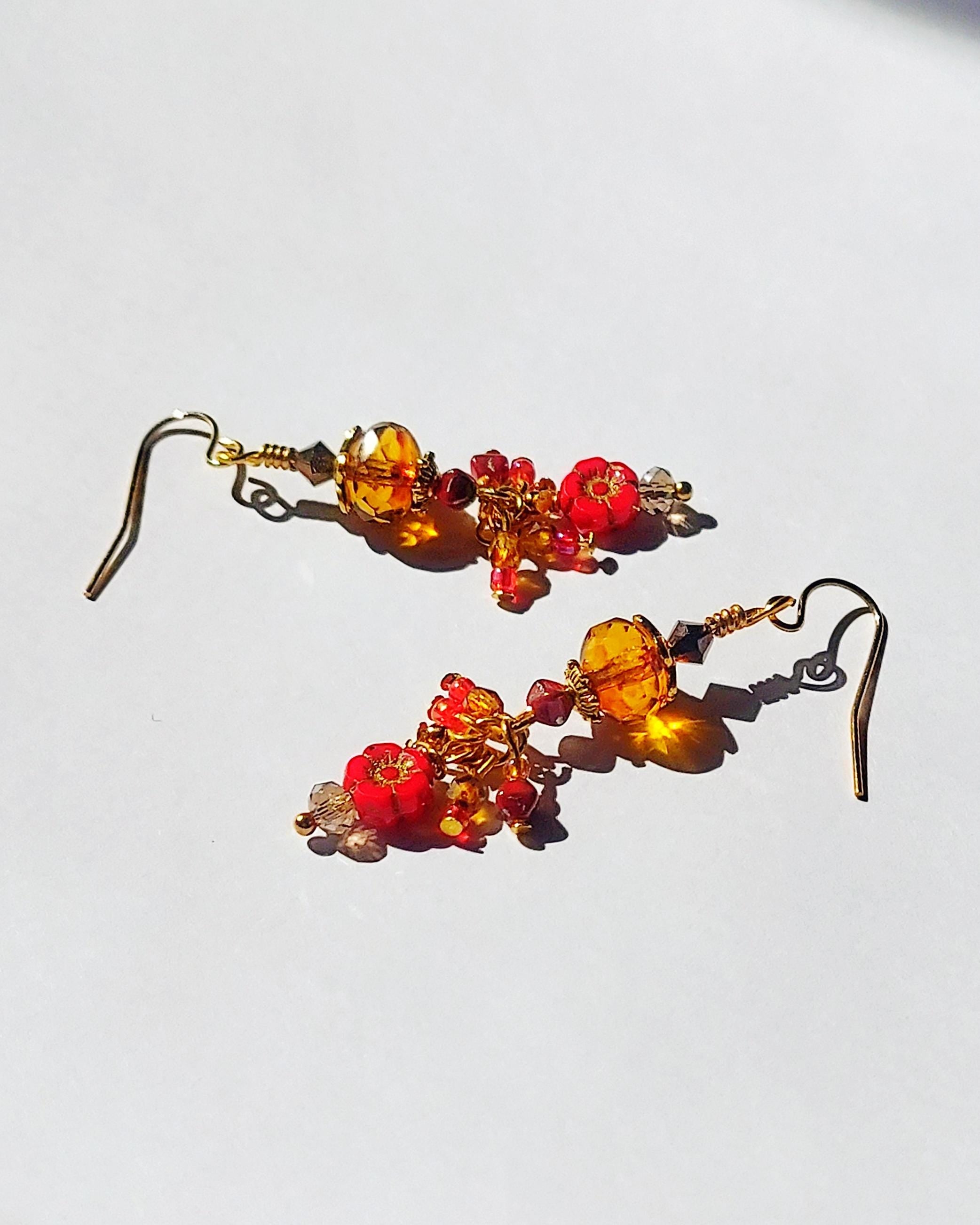 Czech Glass Dangle Earrings – Vintage-Inspired Amber and Red Floral Earrings, Crystal Beaded Jewelry