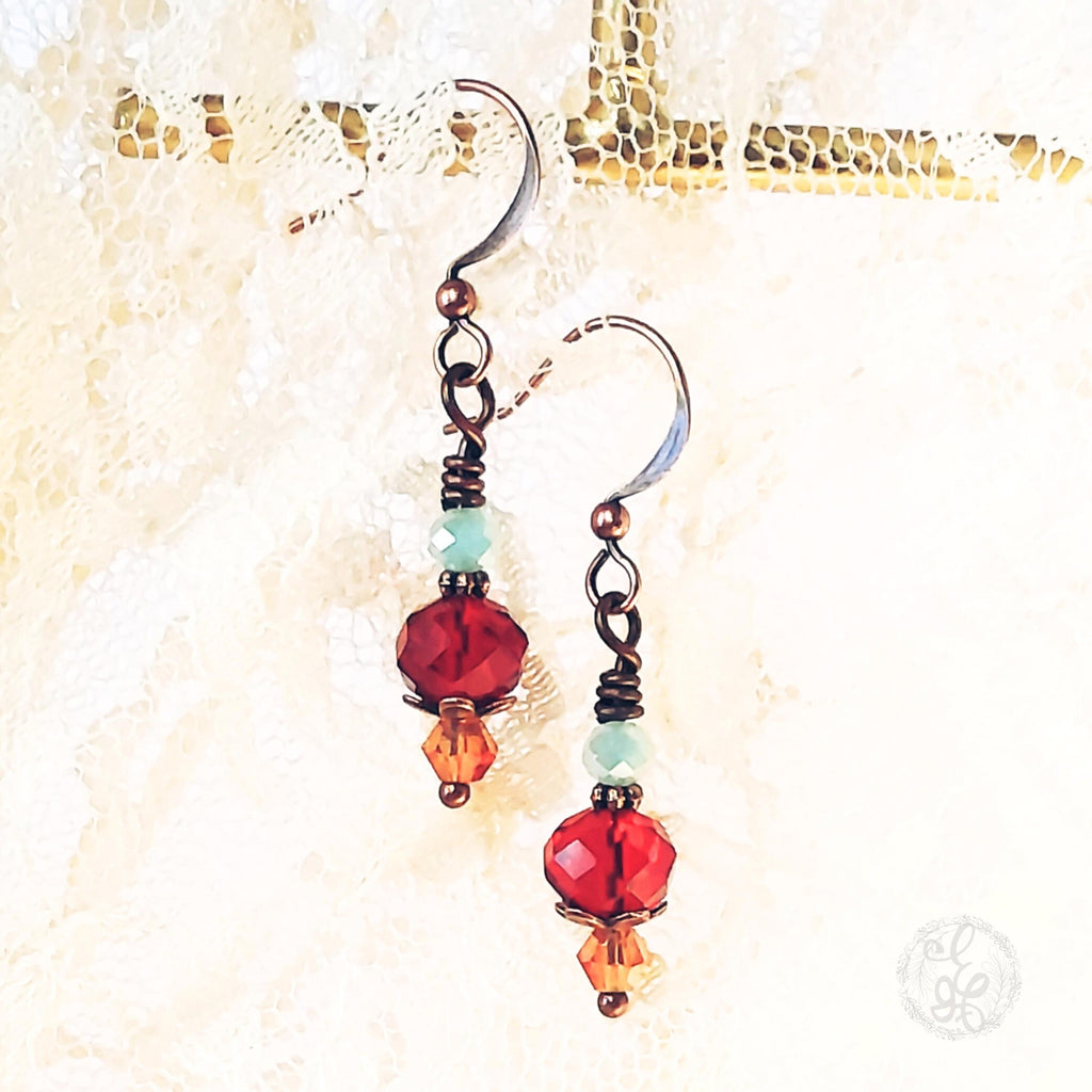 Mediterranean Summer Earrings – Vintage-Inspired Crystal & Copper Dangle Earrings – Artisan Pale Blue and Garnet Red Jewelry Gift