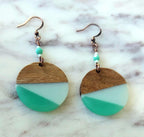 Retro 90s Wood & Aqua Resin Earrings – Lightweight Statement Dangles with Copper Earwires | Vintage-Inspired Artisan Jewelry