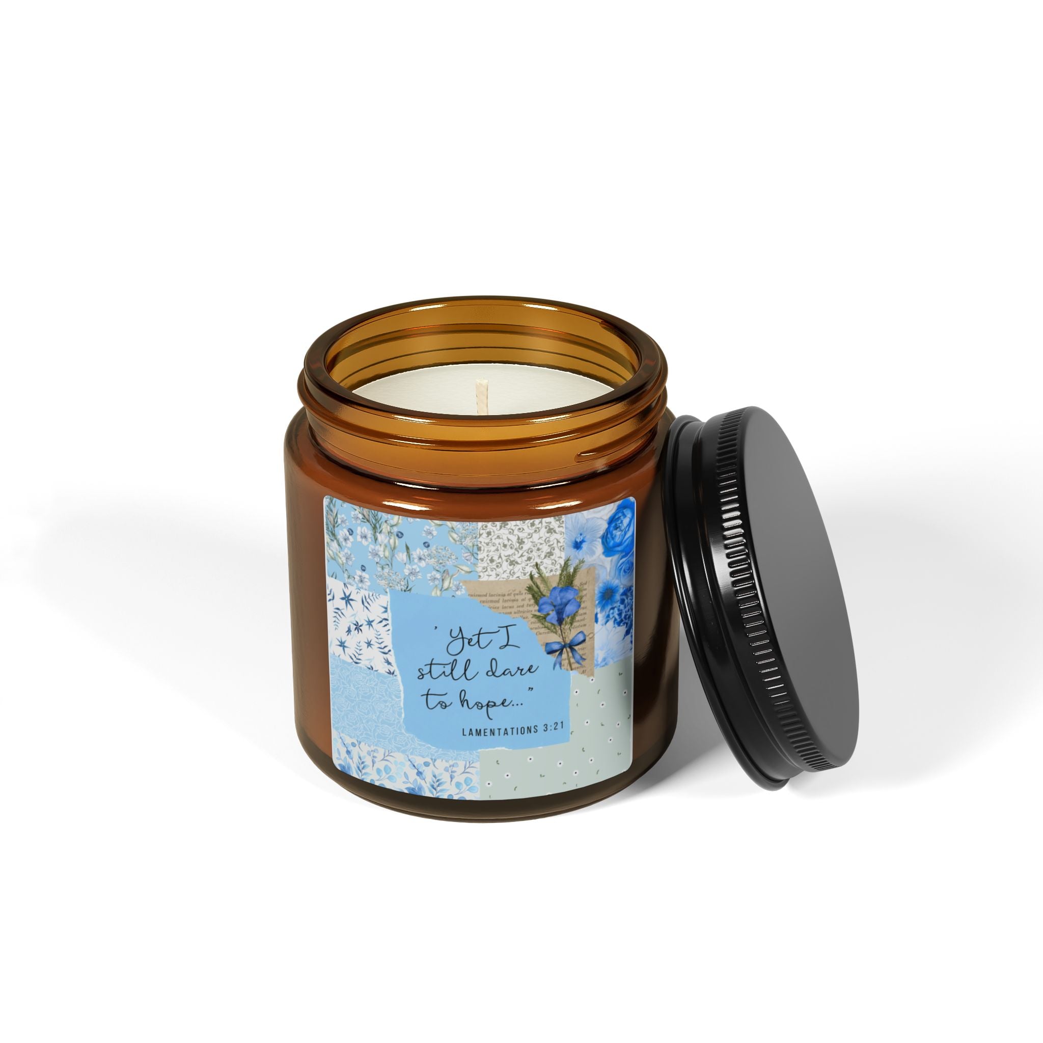 Soy Candle — "Yet I Still Dare to Hope" Amber Jar (Blue Floral)