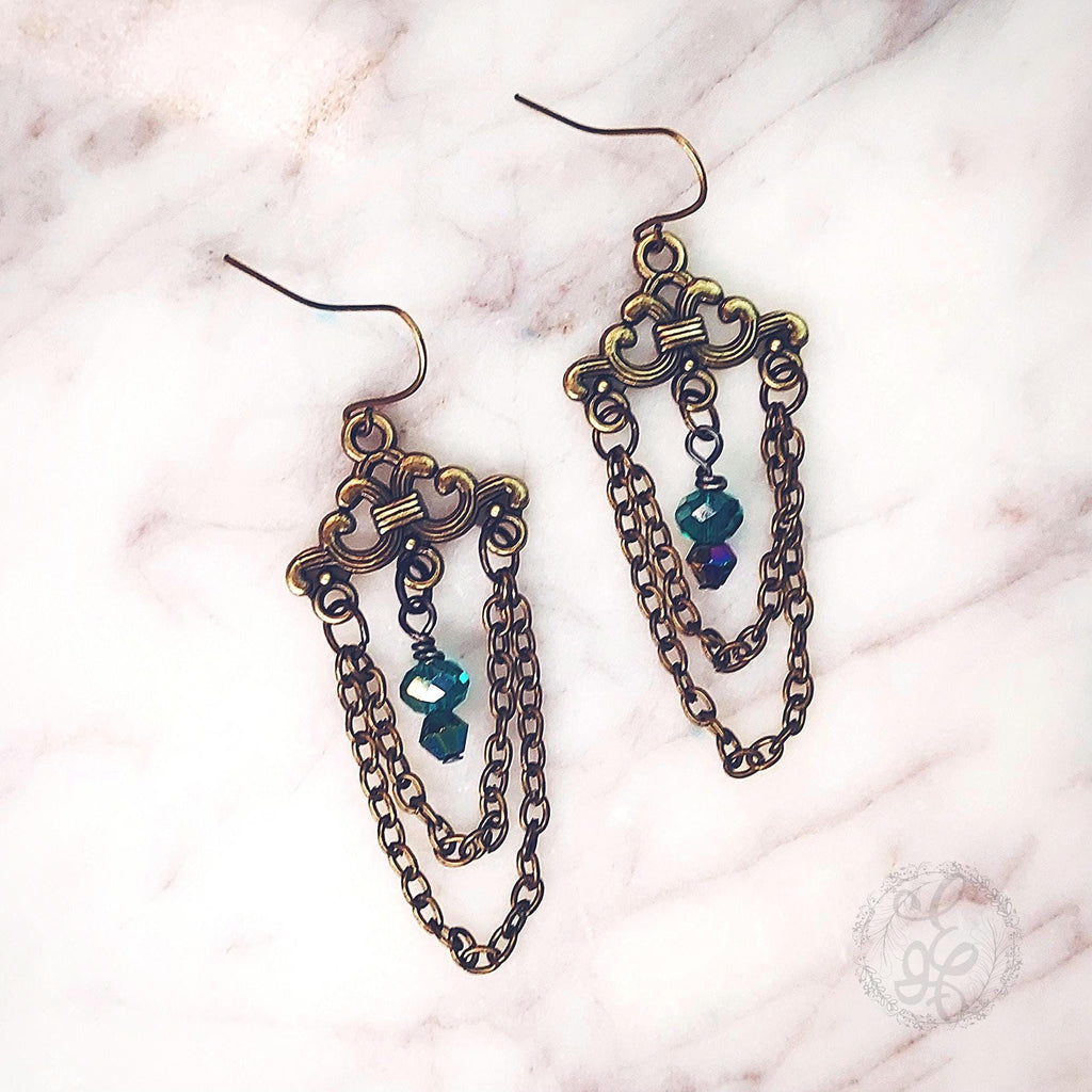 Vintage Chandelier Earrings in Antique Gold & Teal Crystal