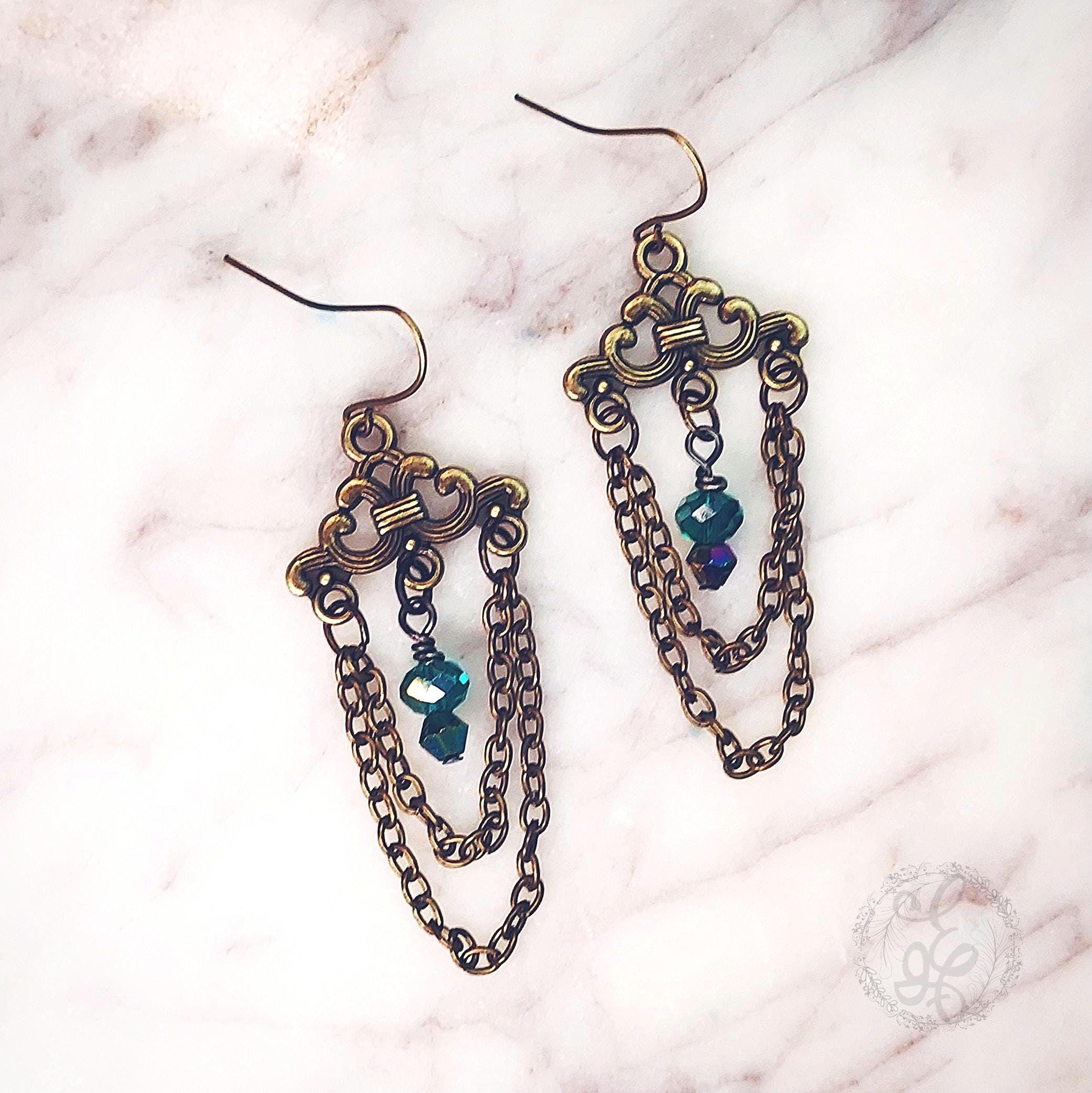 Vintage Chandelier Earrings in Antique Gold & Teal Crystal