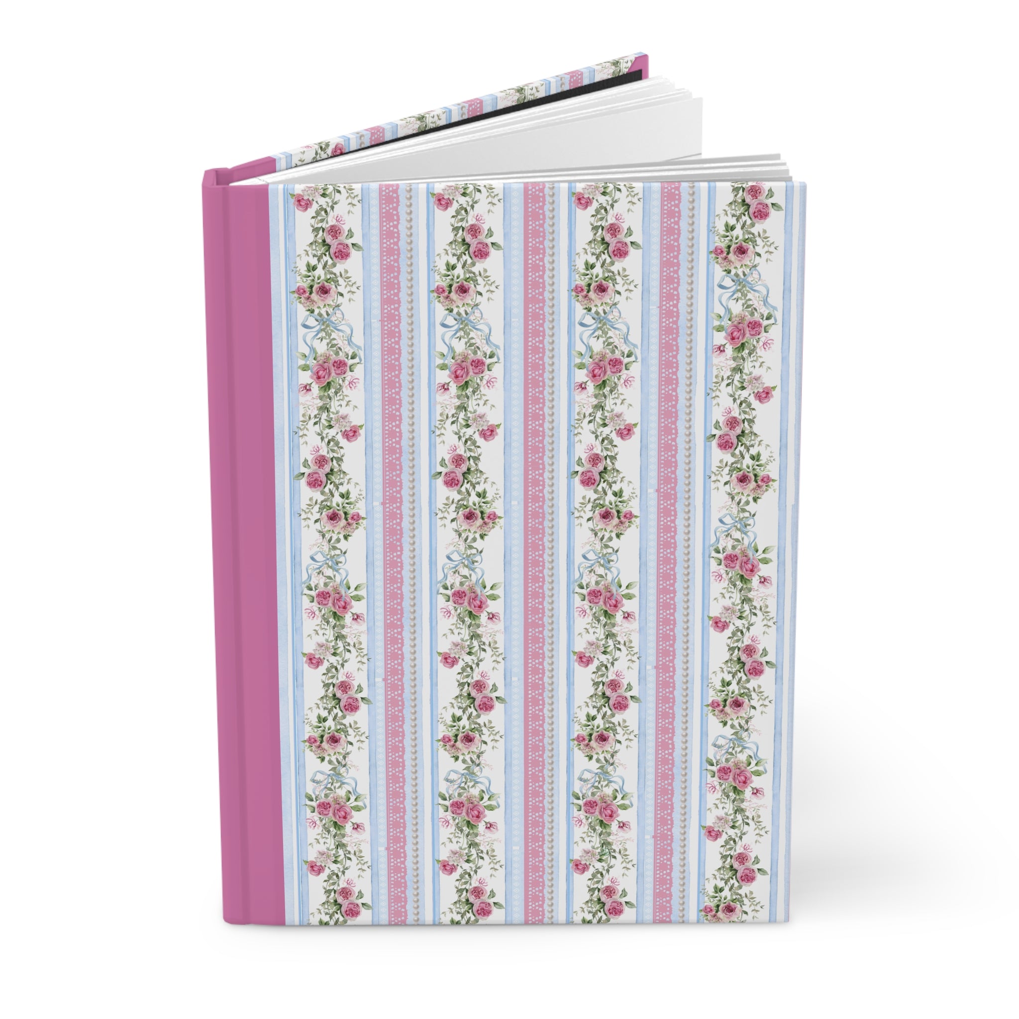 Pink Floral Stripe Hardcover Journal — Vintage Rose Pattern Notebook