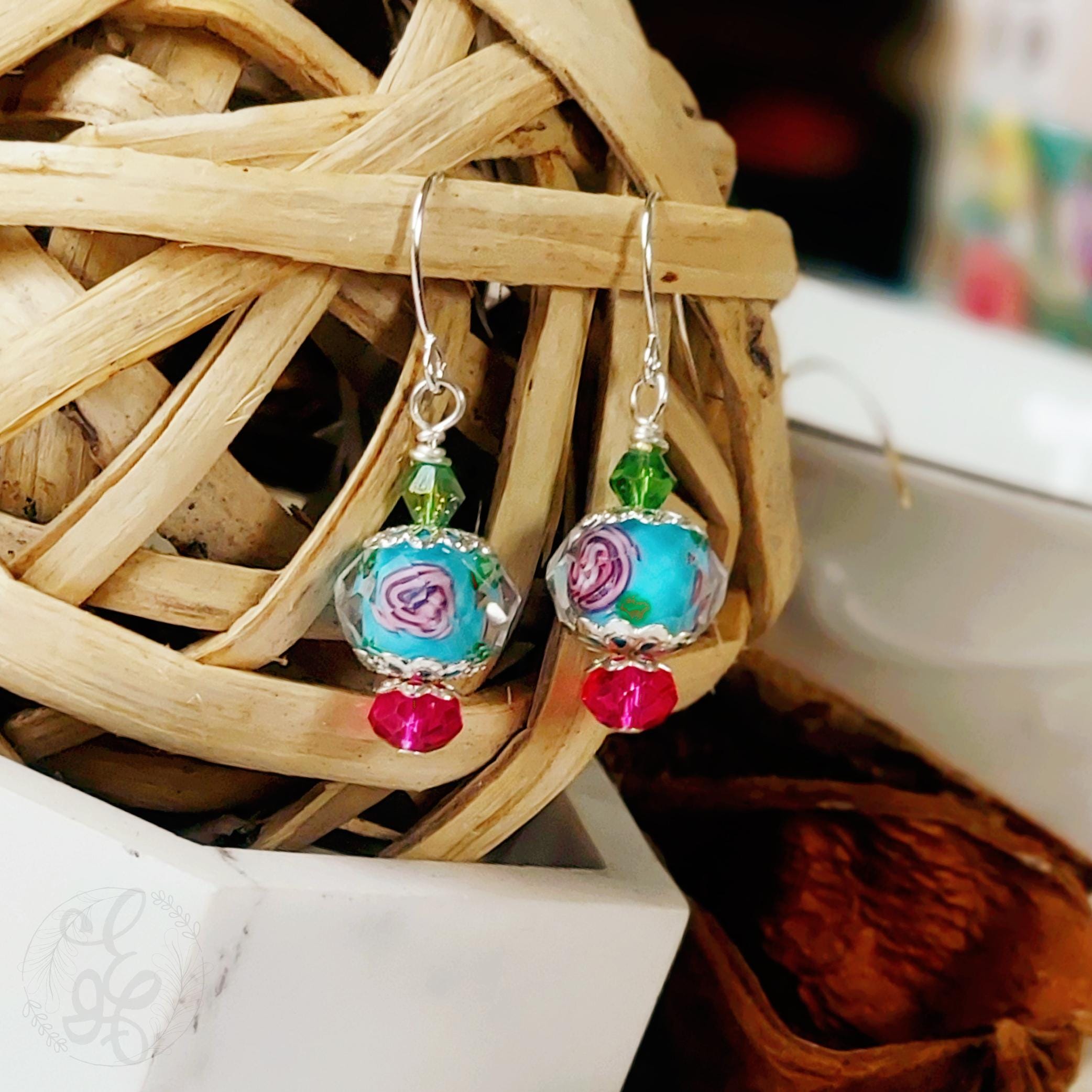 Rose Dangle Drop Earrings, blue pink and green danity earrings