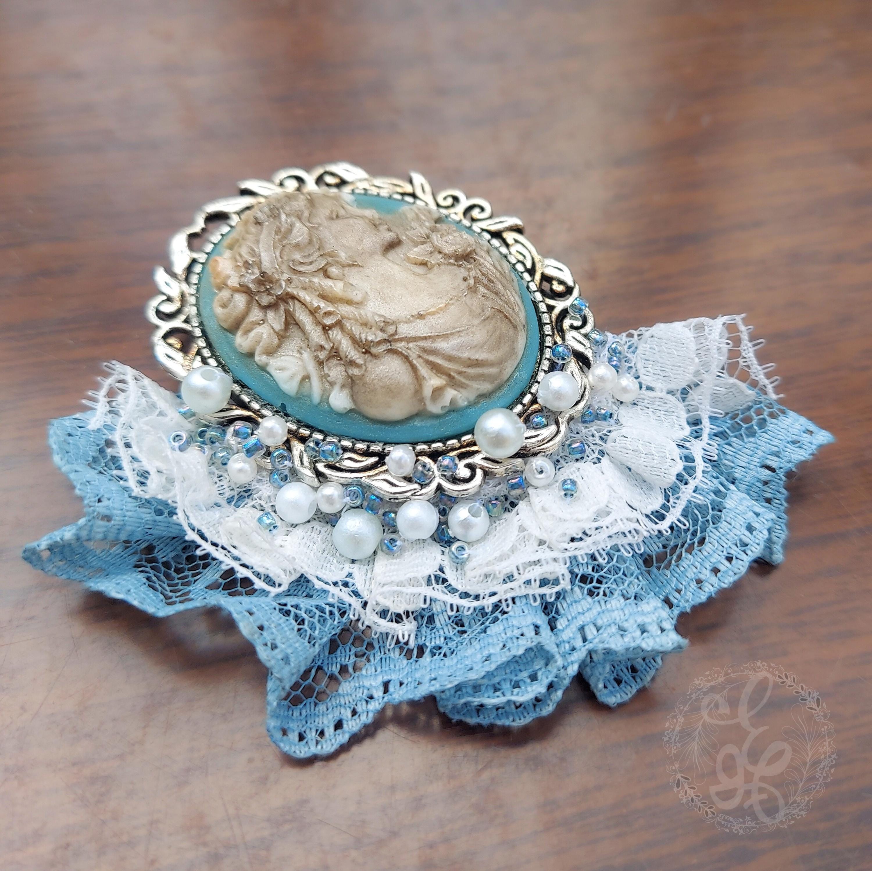 Victorian Blue Cameo Brooch, handcrafted with Lace and Beaded Embellishments