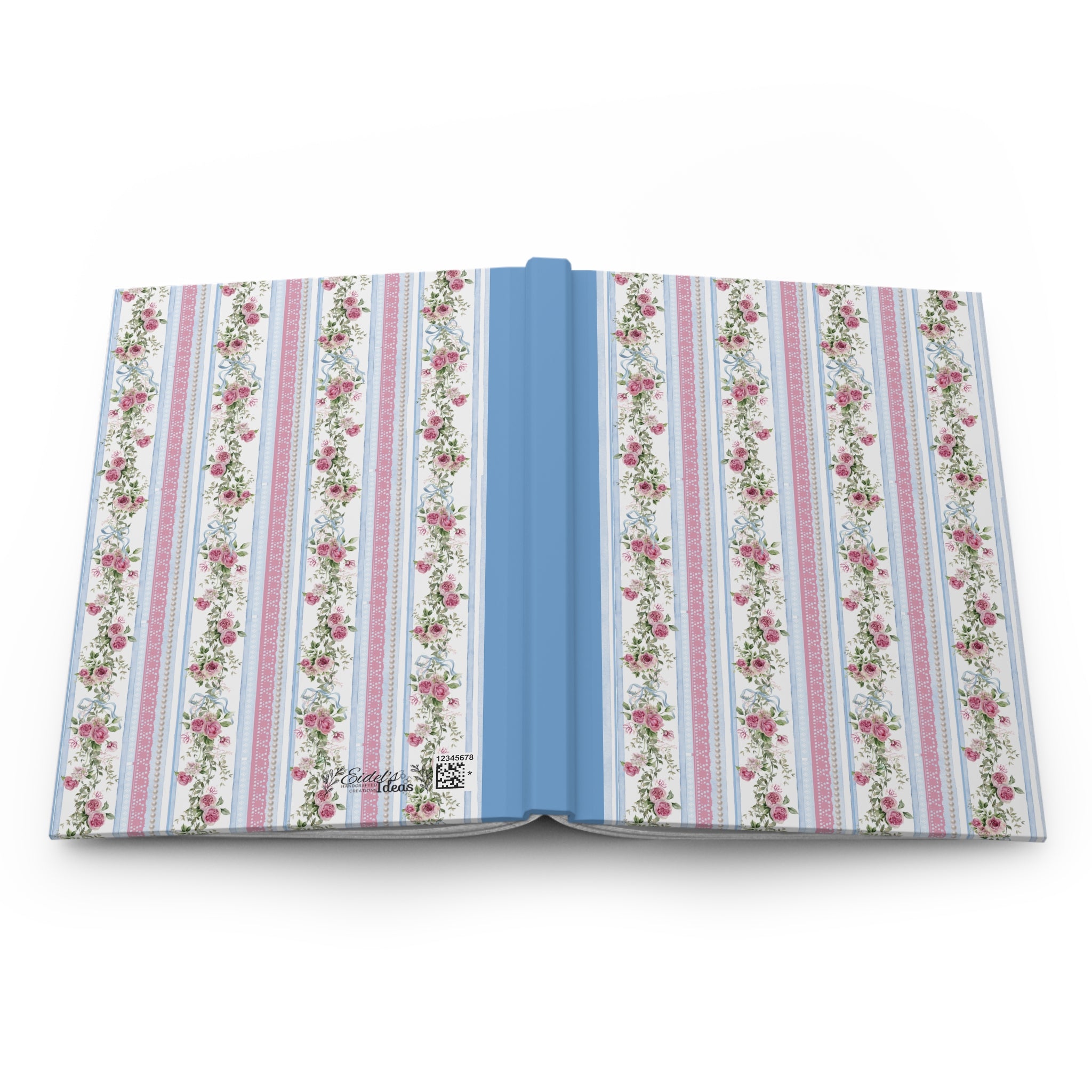 Blue Floral Stripe Hardcover Journal — Vintage Rose Pattern Notebook