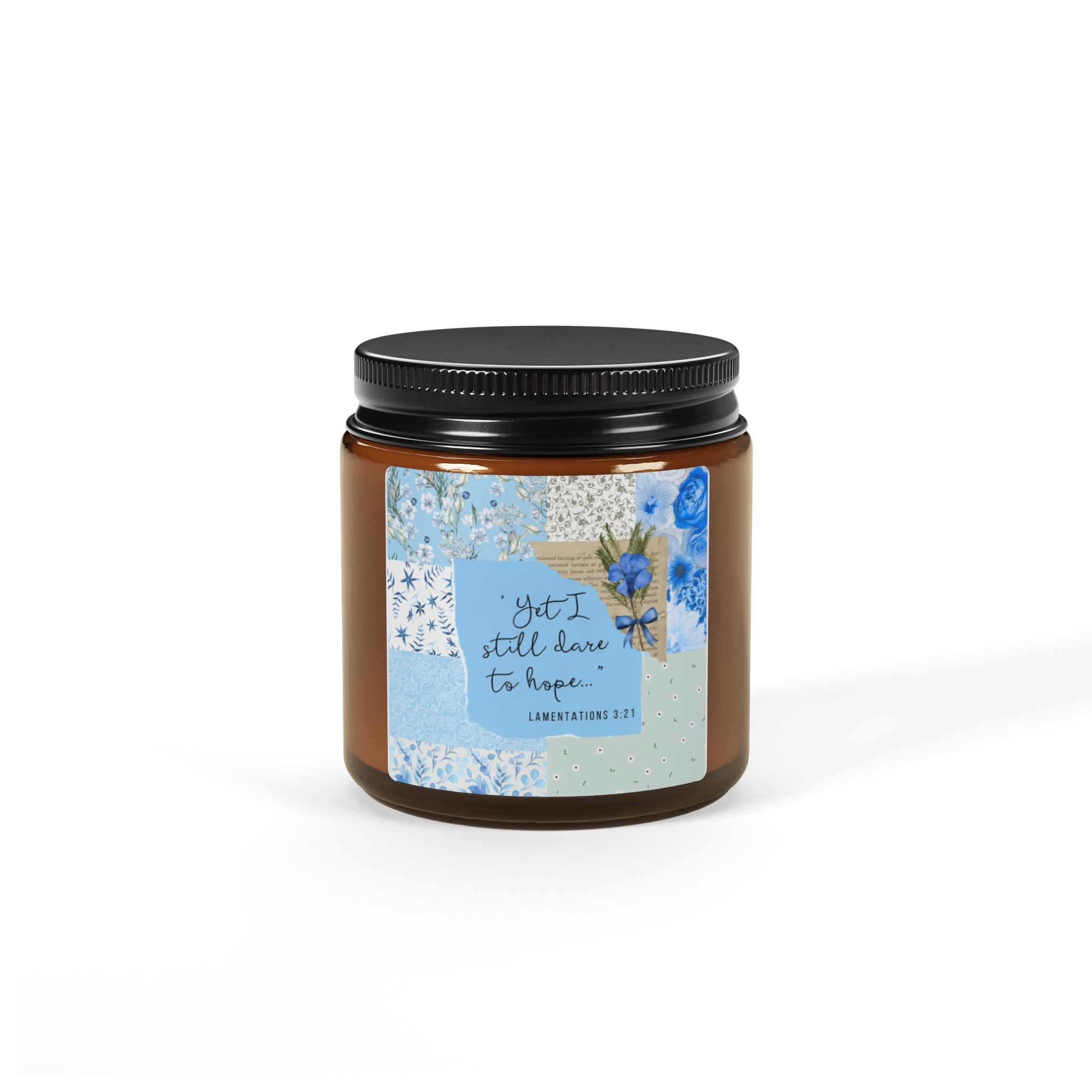 Soy Candle — "Yet I Still Dare to Hope" Amber Jar (Blue Floral)