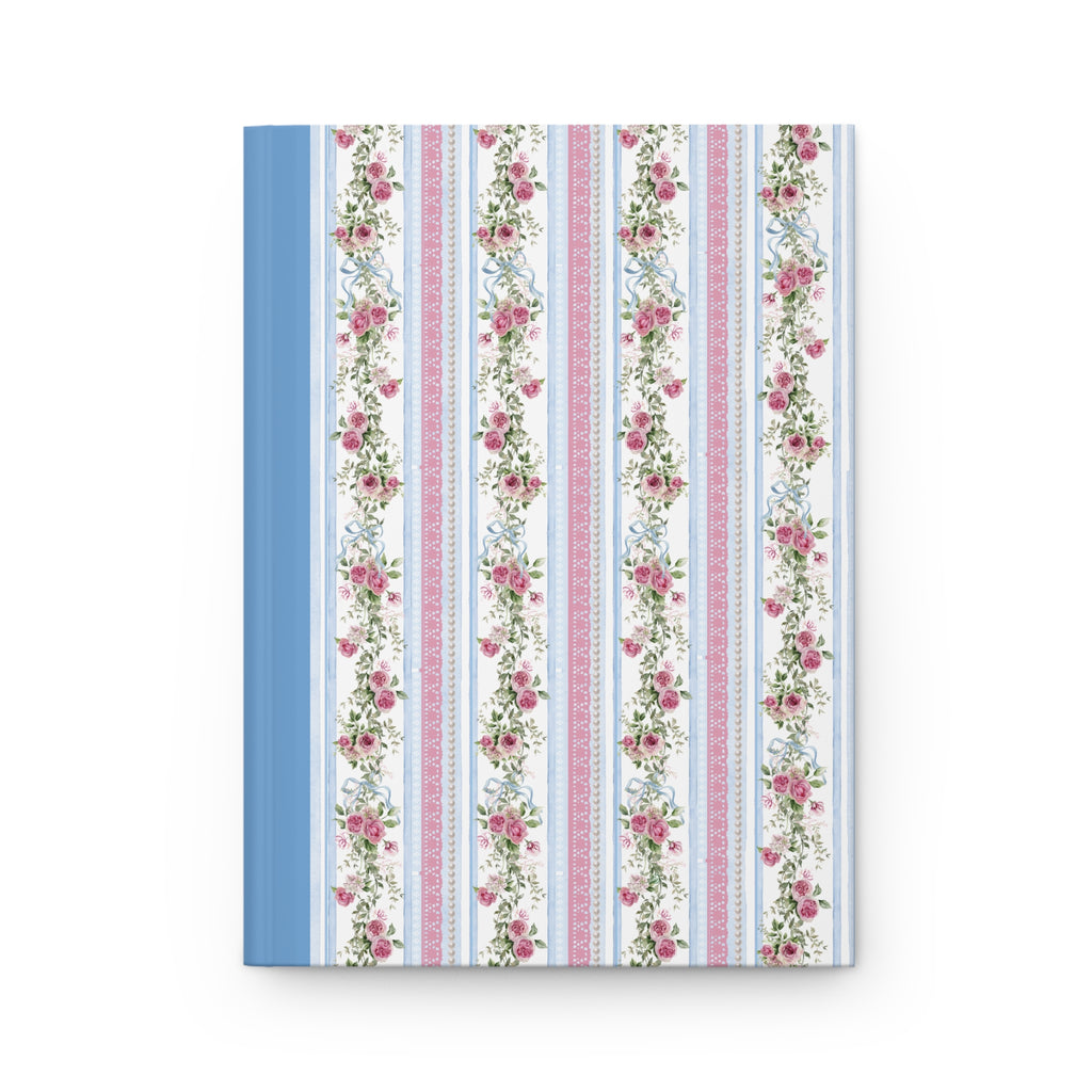 Blue Floral Stripe Hardcover Journal — Vintage Rose Pattern Notebook