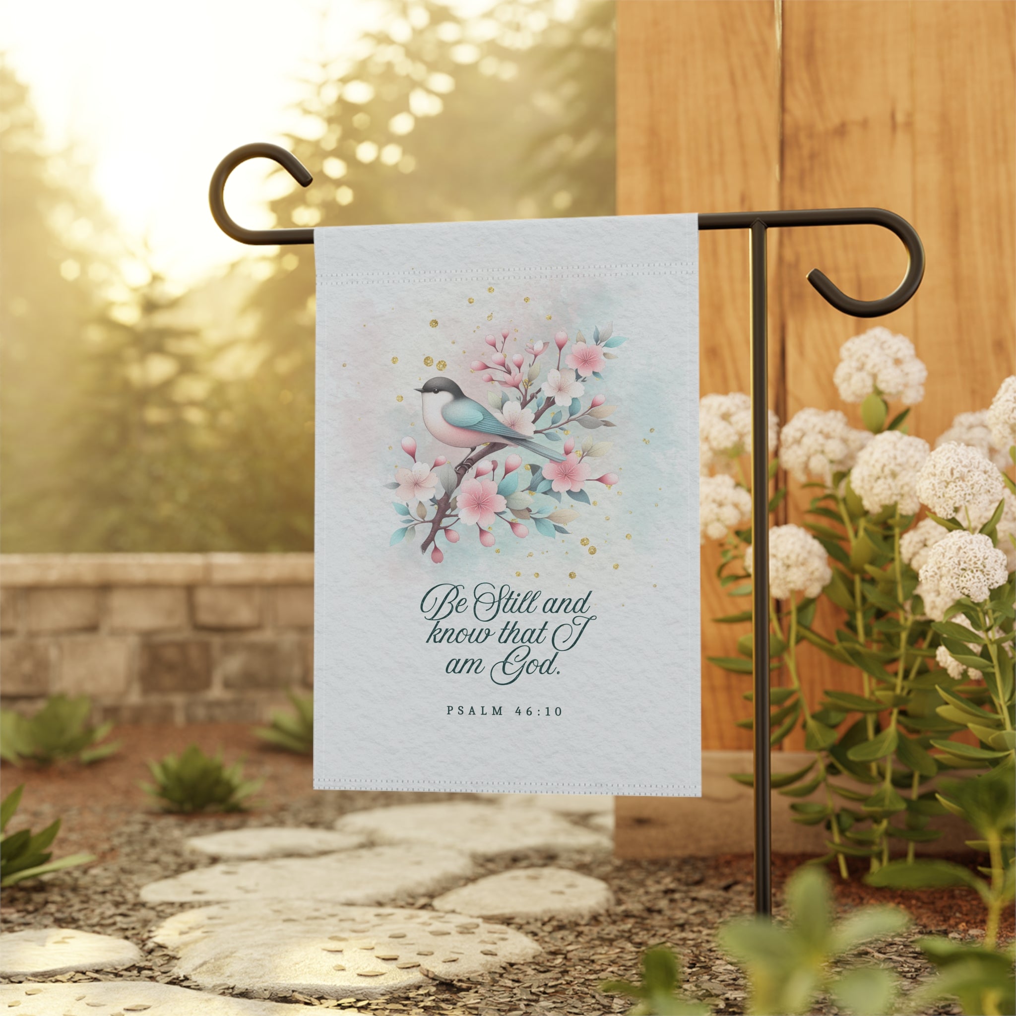Garden Flag — "Be Still and Know That I Am God" Floral Bird Yard Banner