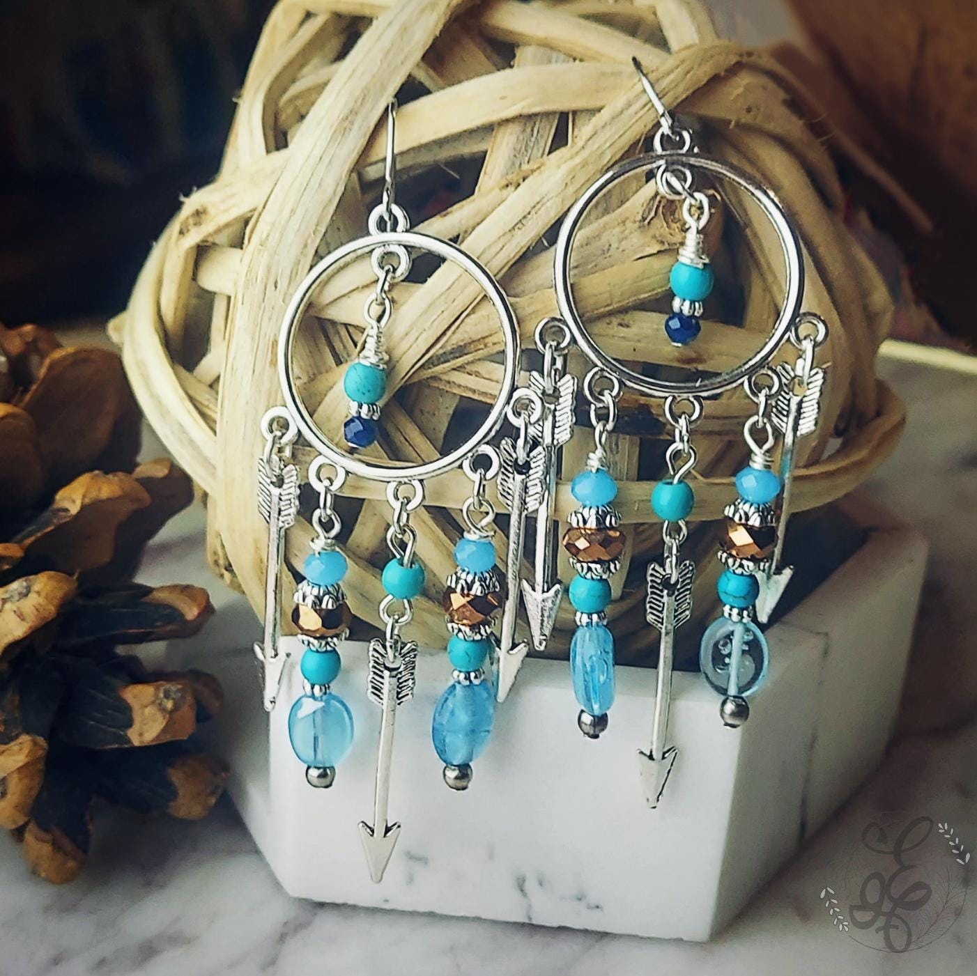 Arrow Boho Chandelier Earrings with Silver Finish and Blue Beads, gifts for woman