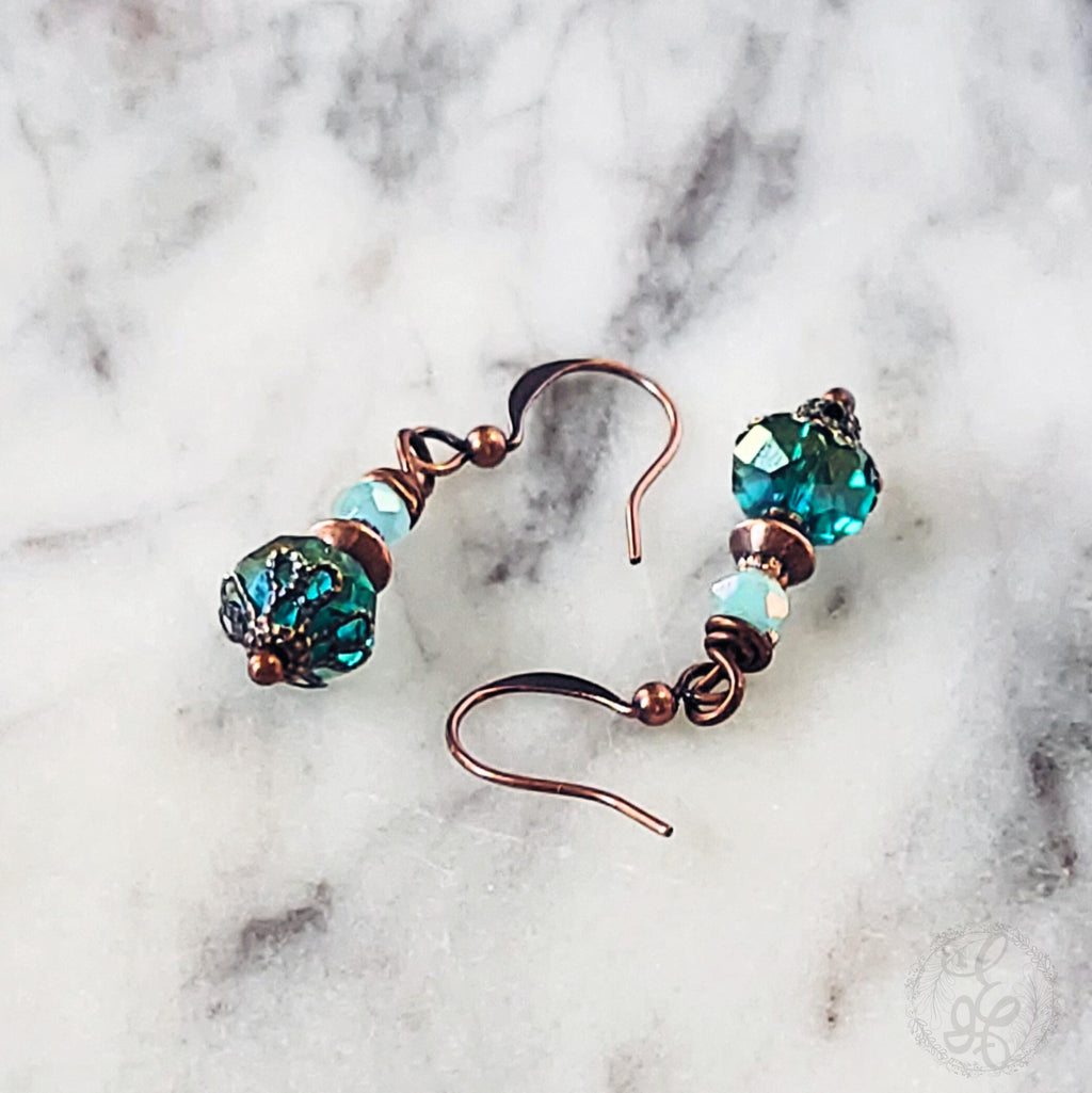 Victorian Inspired Peacock Blue Crystal Earrings | Antique Copper Filigree Dangles