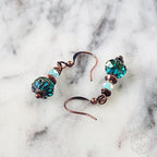 Victorian Inspired Peacock Blue Crystal Earrings | Antique Copper Filigree Dangles