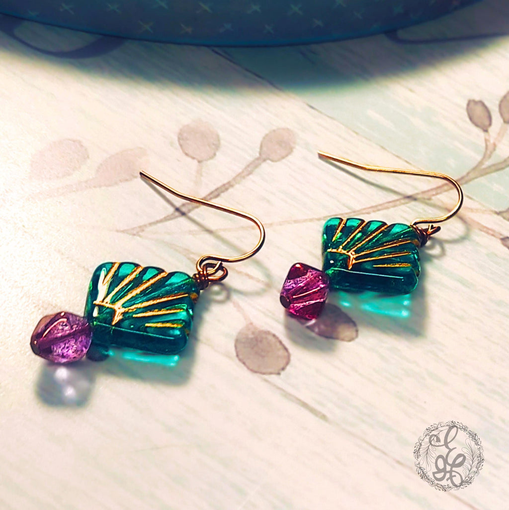 Mermaid Shell Earrings – Teal & Purple Czech Glass Dangle Earrings – Hypoallergenic Brass Hooks – Eidel’s Ideas Original