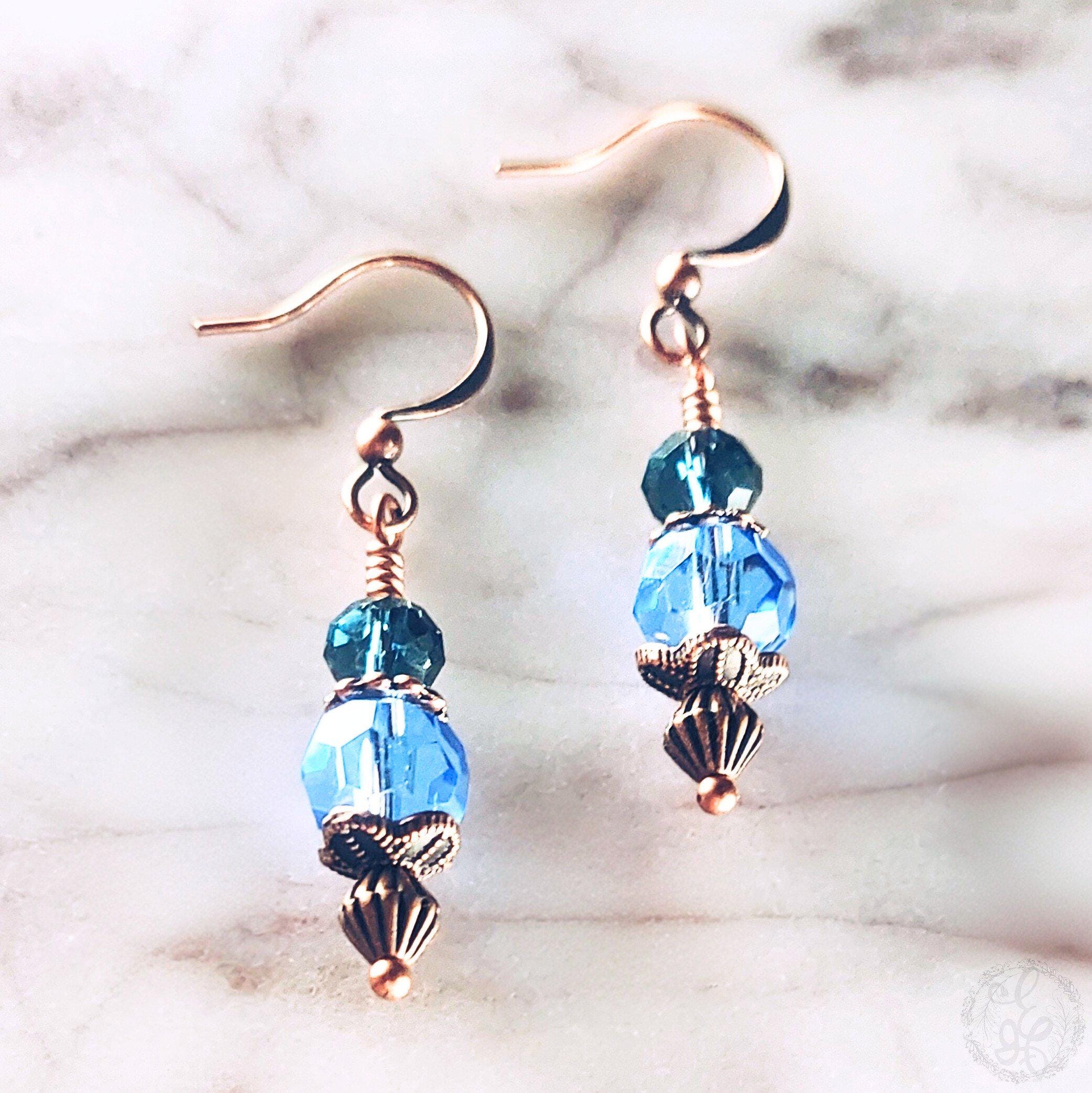 Blue Crystal Copper Earrings – Hypoallergenic Vintage Style Dangles