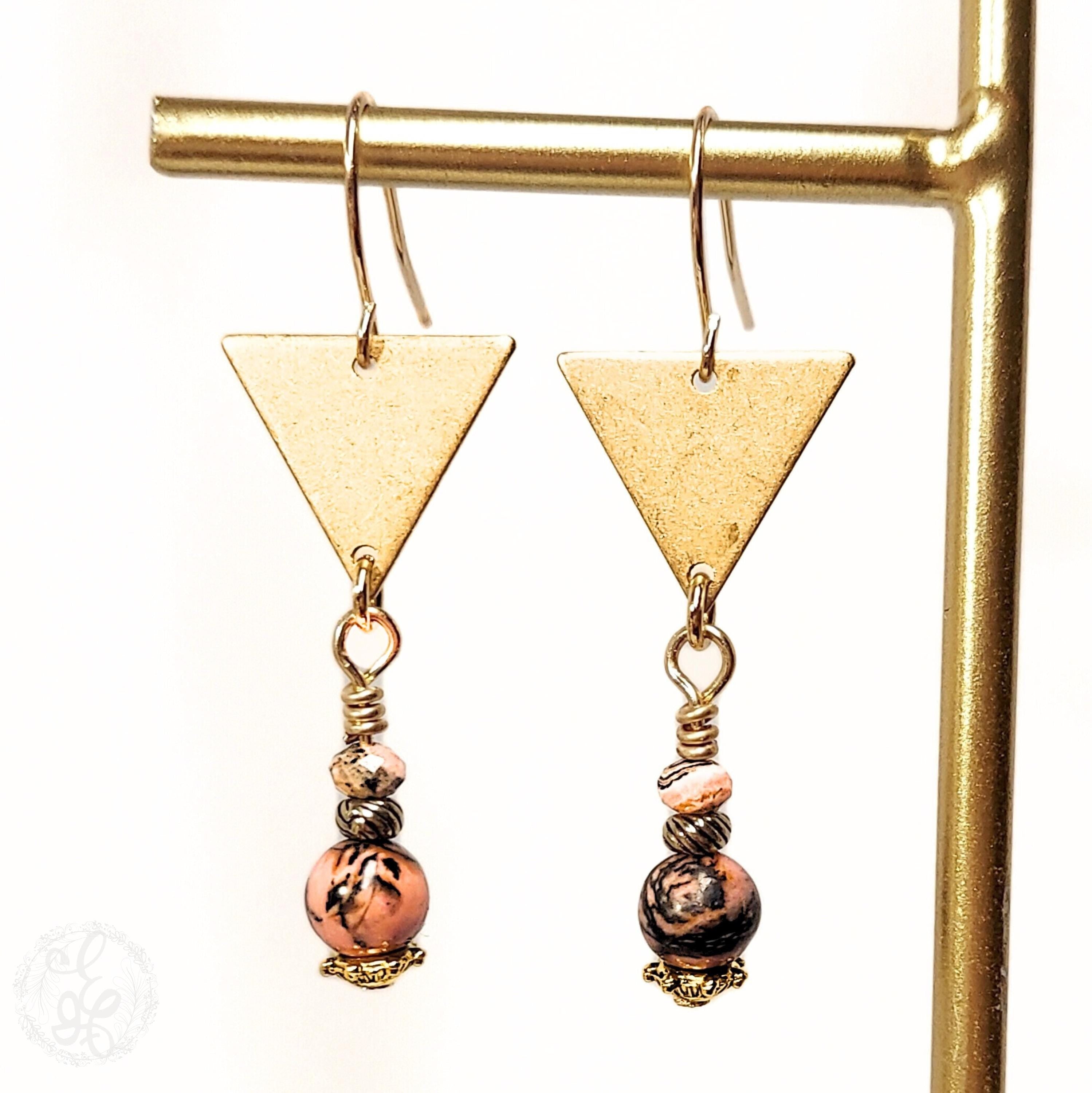Rhodonite & Rhodochrosite Dangle Earrings – Raw Brass Triangles
