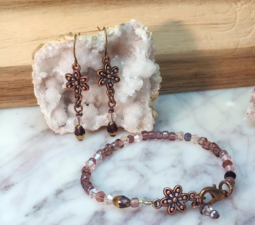 Flower Bracelet and Earrings Set with blush rose pink crystals and antique gold finish