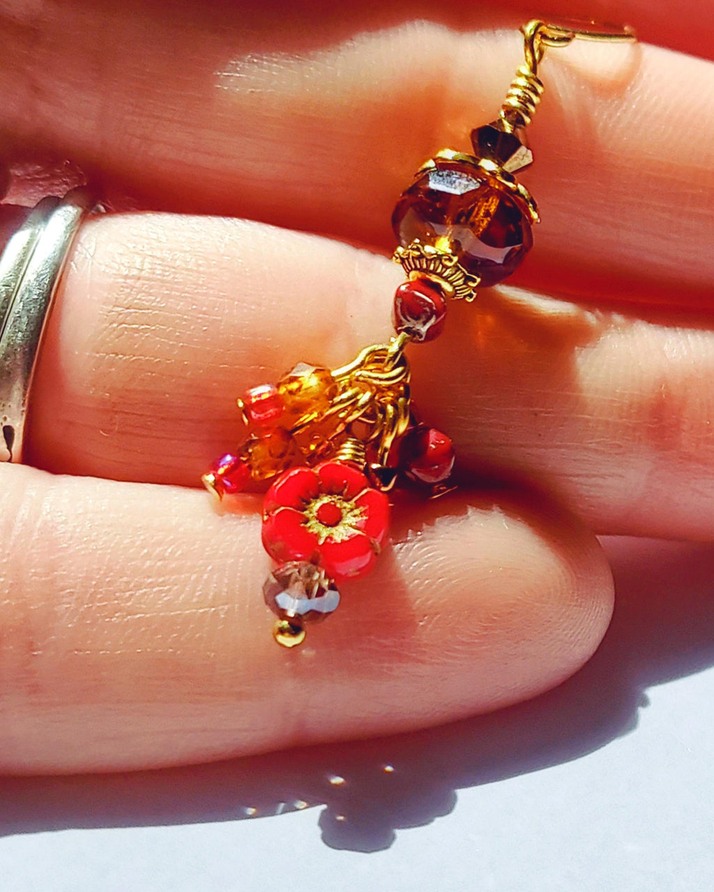 Czech Glass Dangle Earrings – Vintage-Inspired Amber and Red Floral Earrings, Crystal Beaded Jewelry