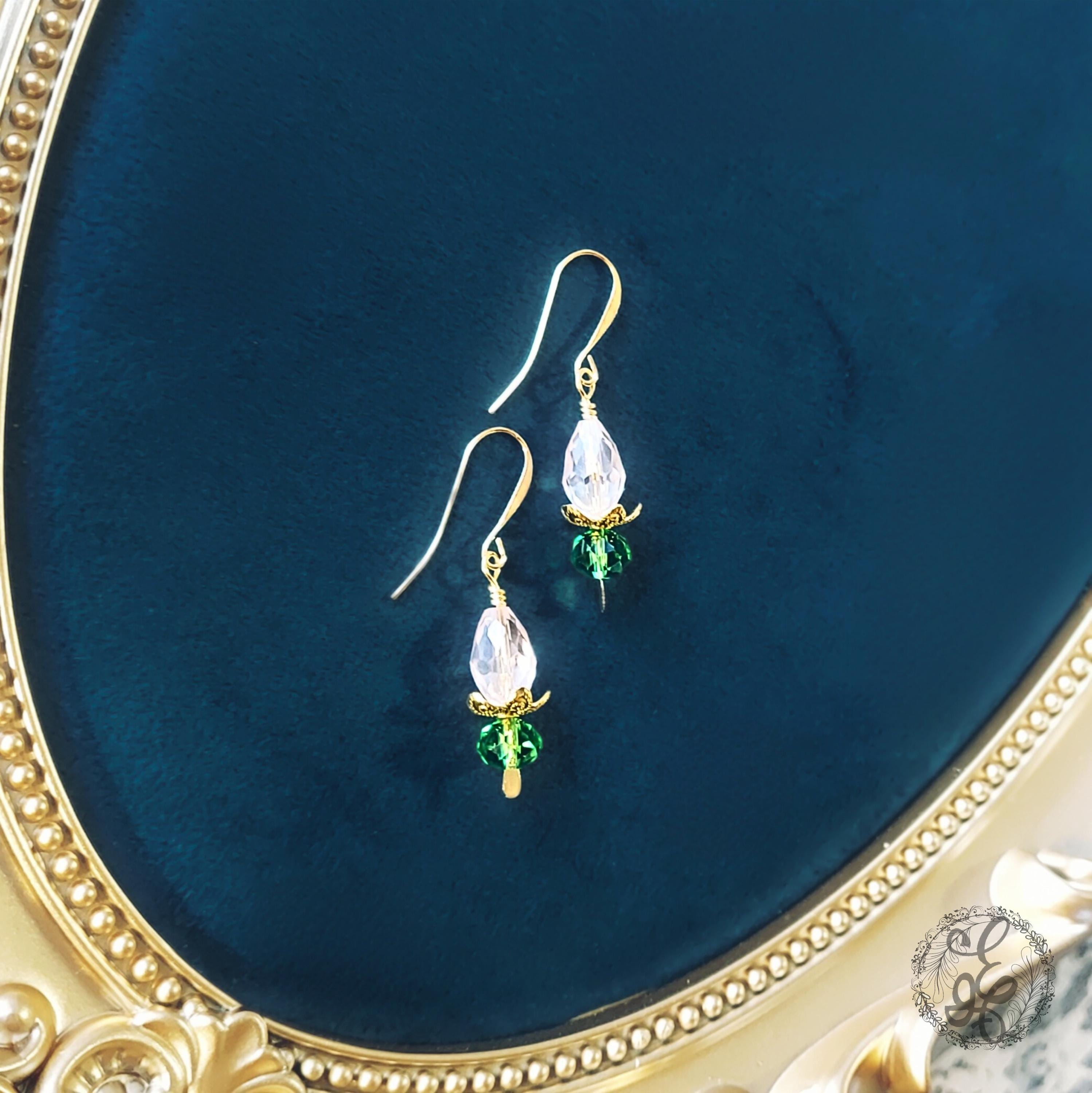 Victorian Inspired Crystal Bloom Earrings | Pink & Green Dangle Earrings | Hypoallergenic Gold Plated Hooks | Romantic Gift for Her