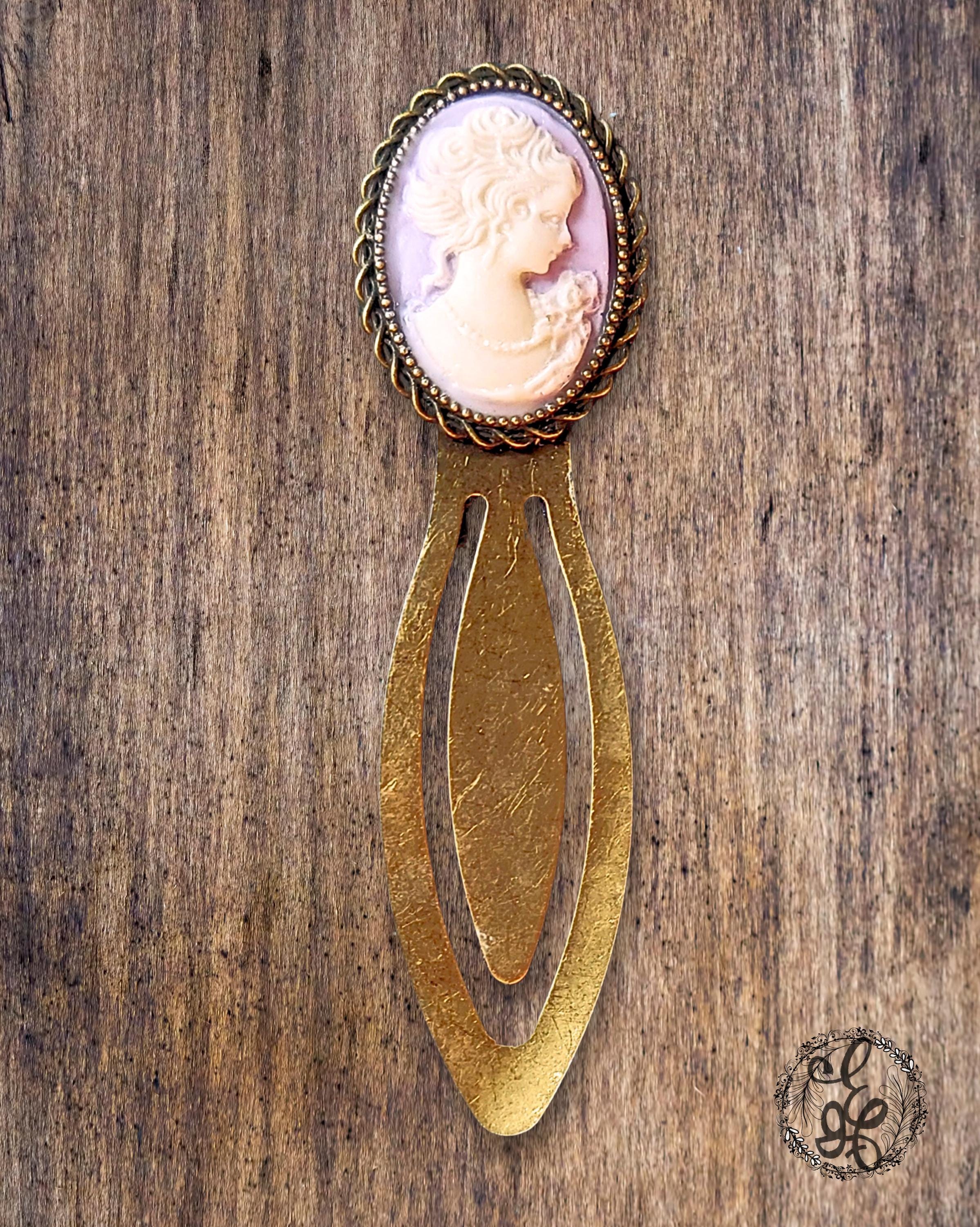 Antique Brass Bookmark with Lavender Cameo – Heirloom Style Gift for Readers