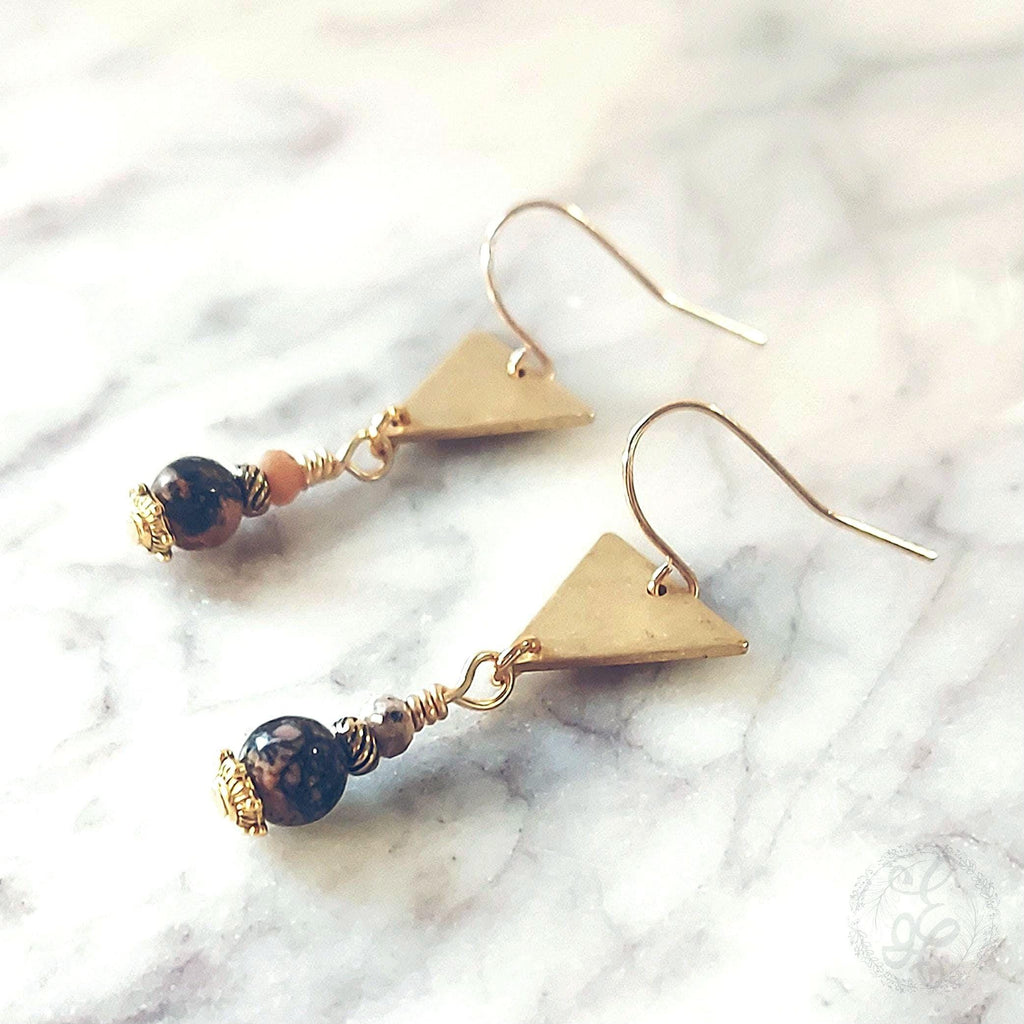 Rhodonite & Rhodochrosite Dangle Earrings – Raw Brass Triangles