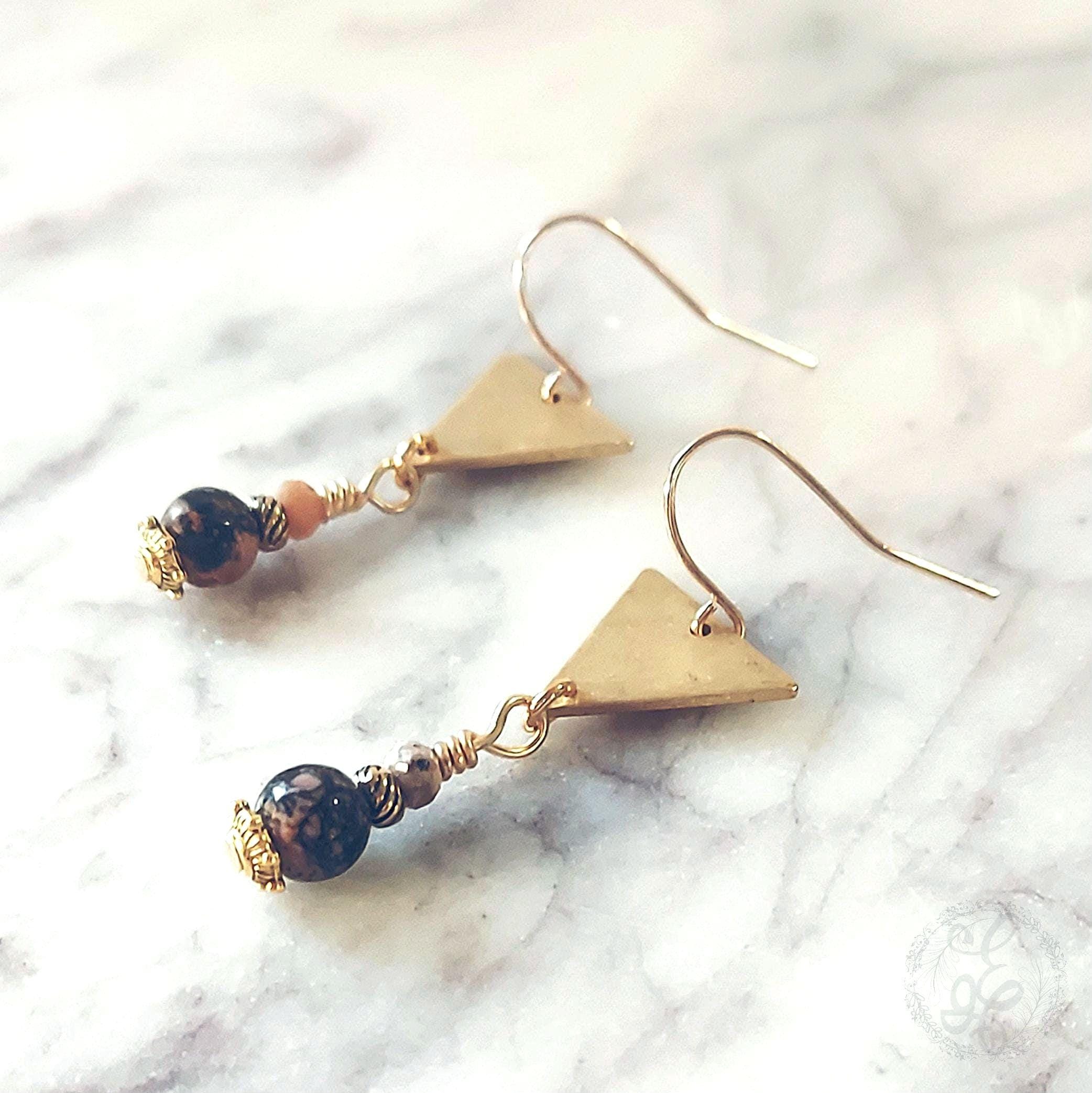 Rhodonite & Rhodochrosite Dangle Earrings – Raw Brass Triangles