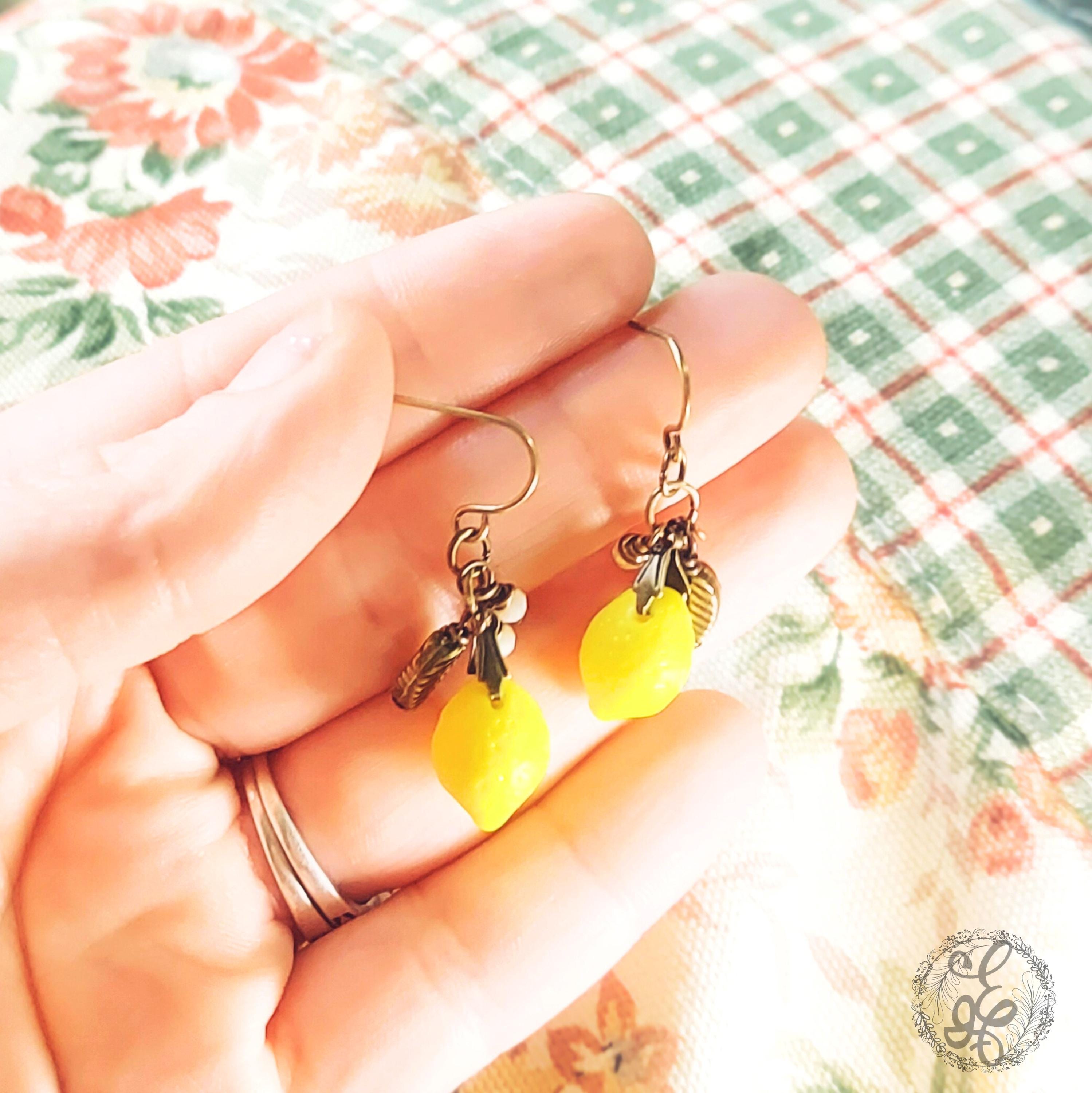 Lemon Drop Earrings – Artisan Summer Jewelry with Czech Glass and Antique Brass Leaf Charms