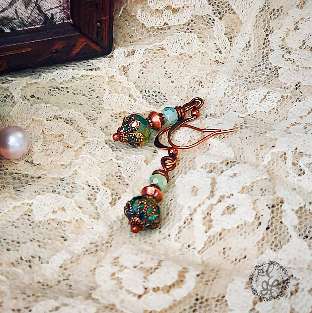 Victorian Inspired Peacock Blue Crystal Earrings | Antique Copper Filigree Dangles